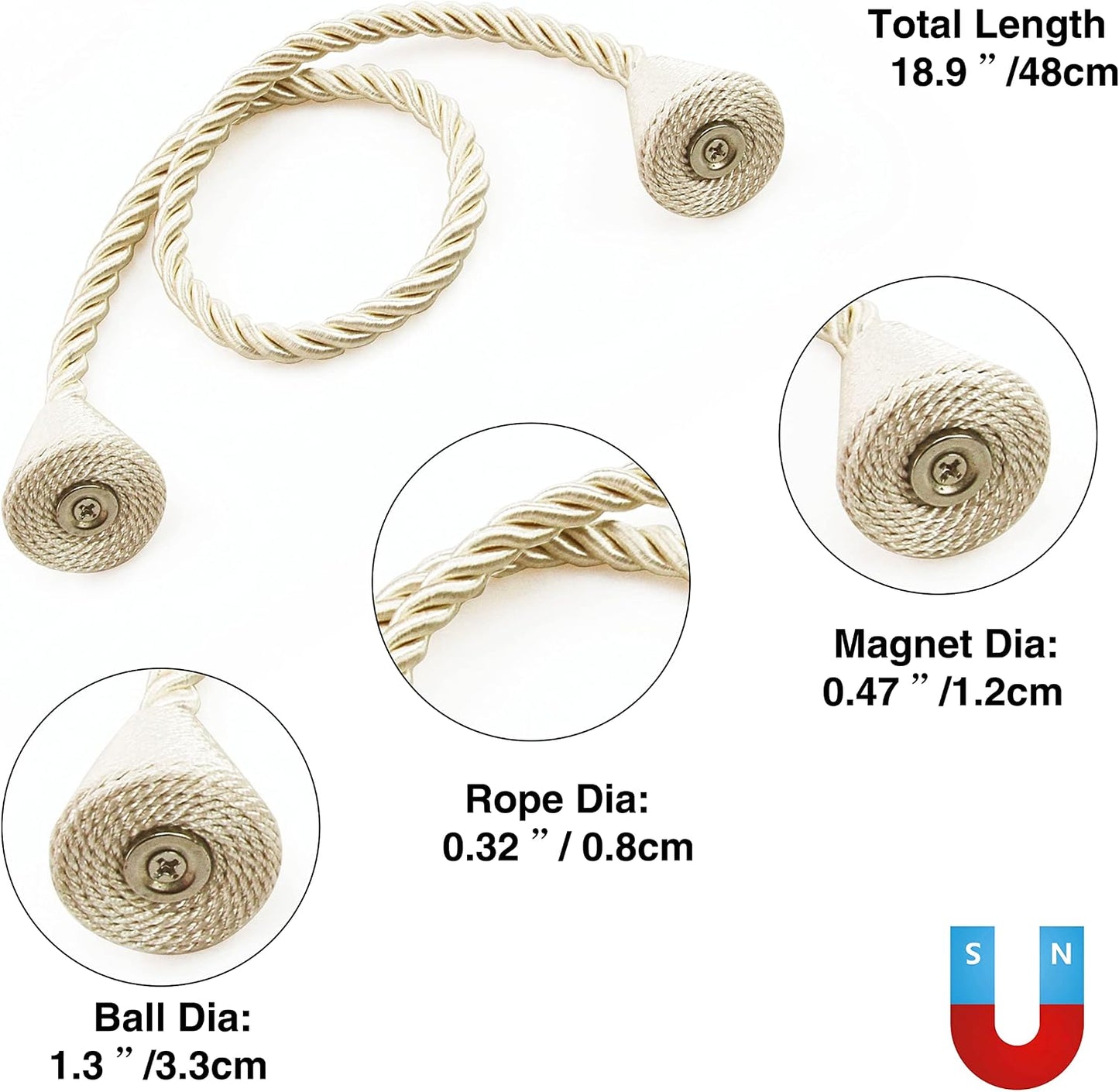 Magnetic Curtain Tiebacks Rope Decorative Holdbacks for Drapes Nieffeiy | 6 Pack Beige Modern Handmade Curtain Tie