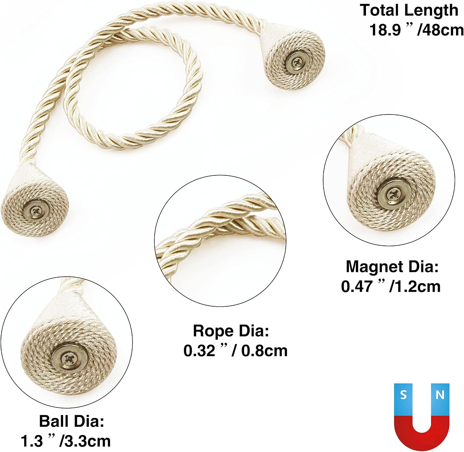 Magnetic Curtain Tiebacks Rope Decorative Holdbacks for Drapes Nieffeiy | 6 Pack Beige Modern Handmade Curtain Tie