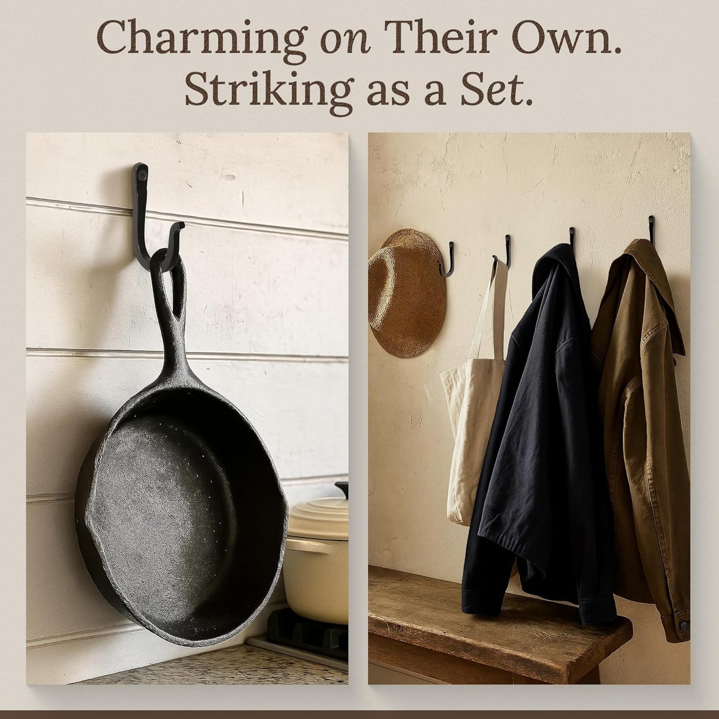 Wall Mounted Farmhouse Decorative Hooks / Black / Blacksmith Spike Hooks / Set of 10
