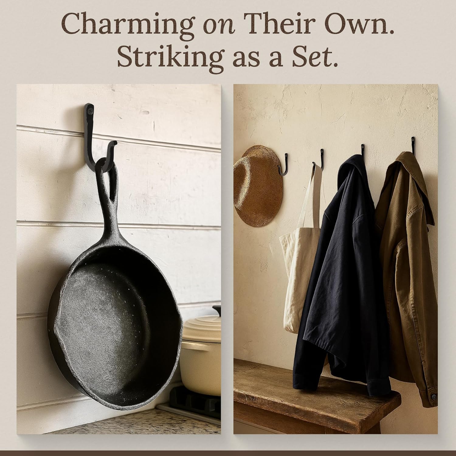 Wall Mounted Farmhouse Decorative Hooks / Black / Blacksmith Spike Hooks / Set of 10