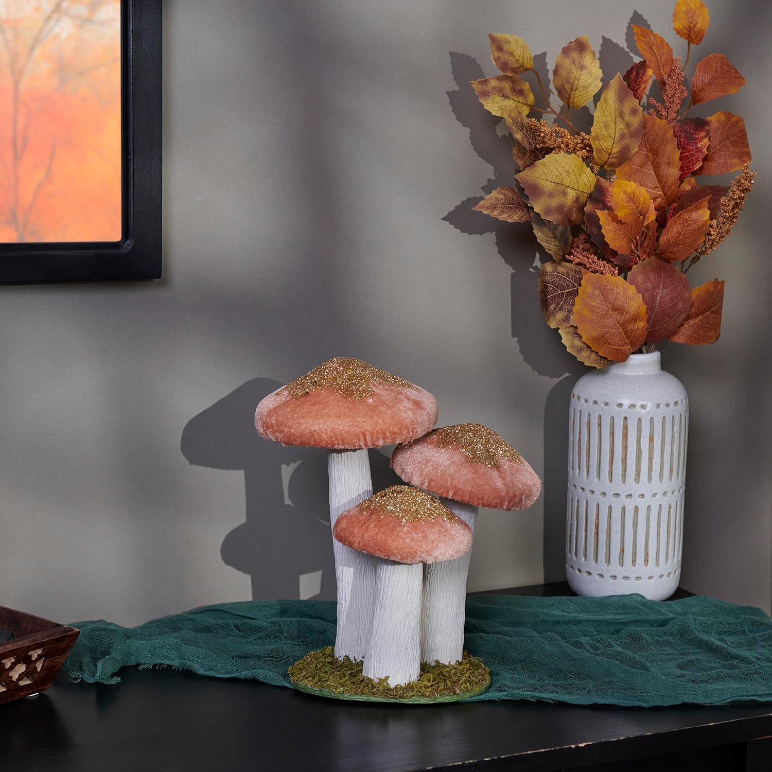 foam mushrooms uniquely detailed/velvet glitter accents/natural foliage / Pink