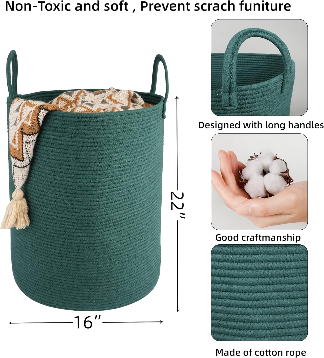 Cotton Rope Laundry Basket Hamper for Clothes Woven Storage Basket / Large / Dark Green