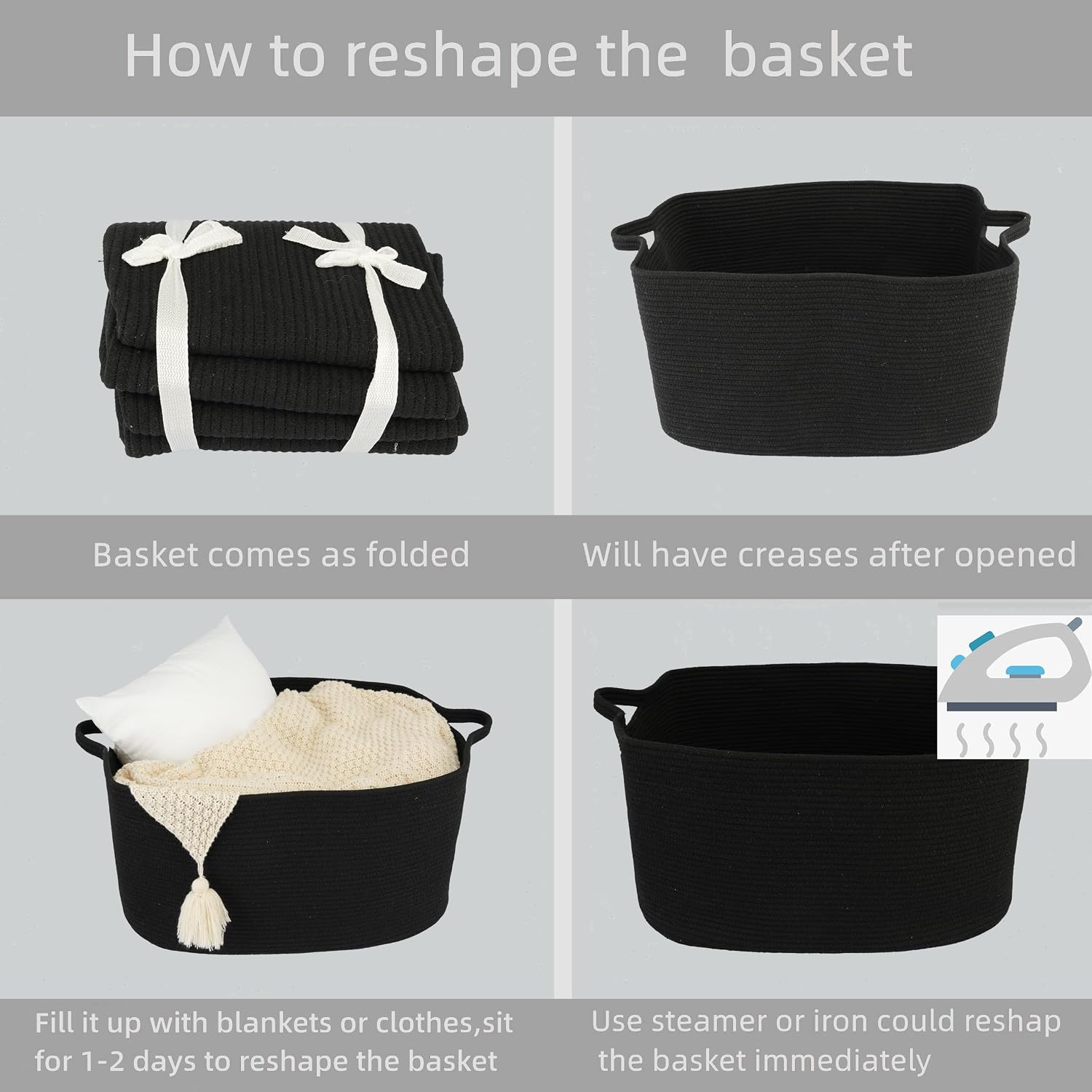 Large Rectangle Blankets Basket Living Room " Woven Cotton Rope Storage / Black / 22 x 17 x 12