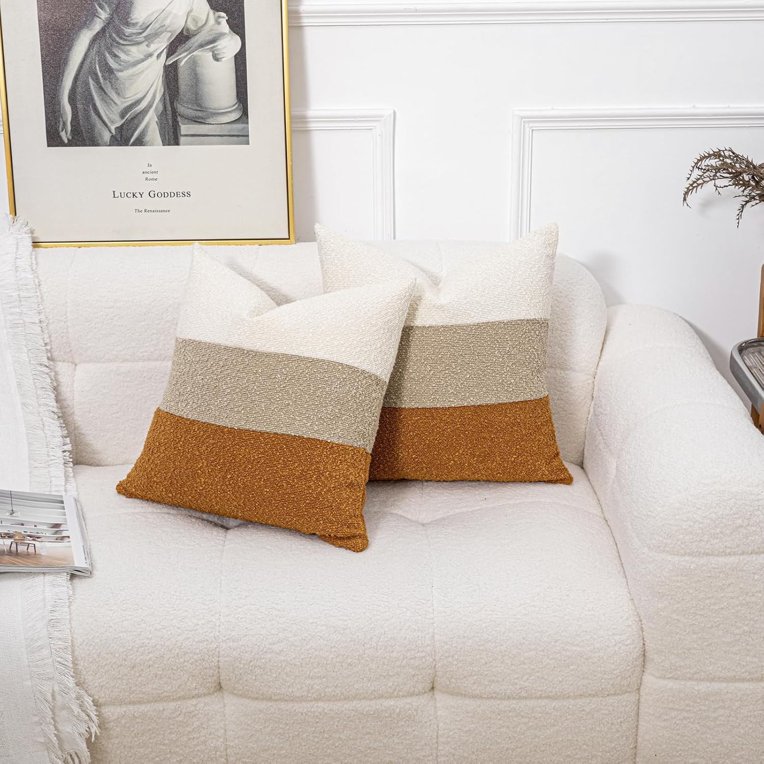 Decorative Textured Boucle Pillow Covers Modern / 18 x 18 / Cream/khaki/orange Brown / Set of 2