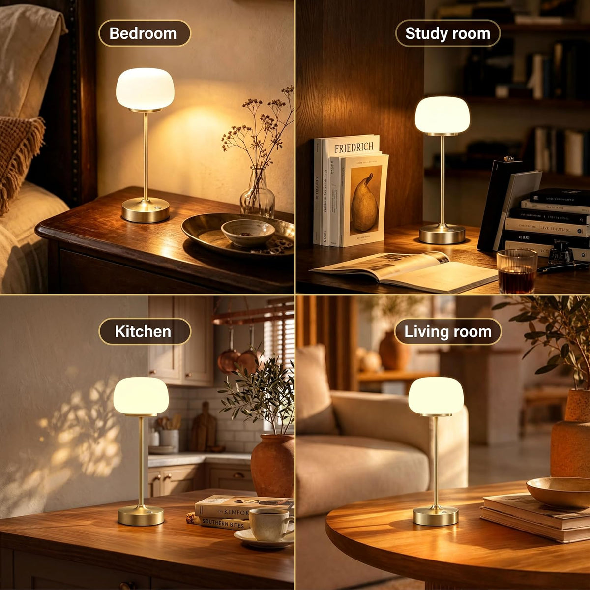 2 Pack Cordless Accent Table Lamp, 2700K Warm Light, 11" High, Gold | Opal Glass, Stepless Dimming, Portable