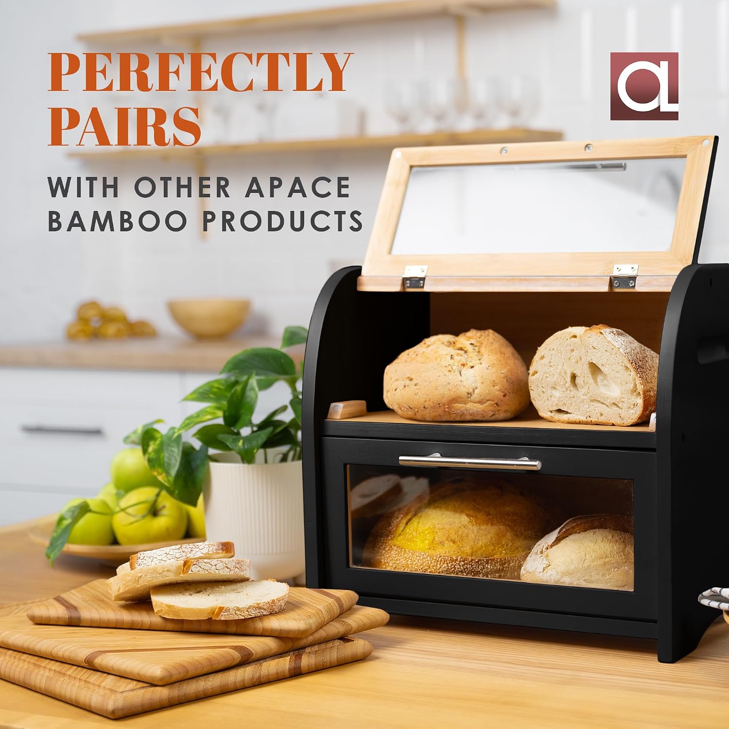 Arise Stylish Bamboo Bread Box for Kitchen Countertop, Extra Large 2-Shelf Wooden Bread Storage Container with Clear