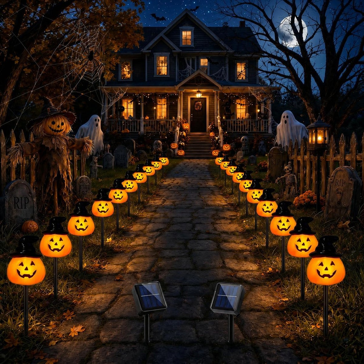 BRIGHTDECK Halloween Solar Pathway Lights Outdoor, LED Decor, Light Up Solar Stake Lights for Holiday, Halloween, Walkway, Sidewalk (Hat Pumpkin, 20-Pack)