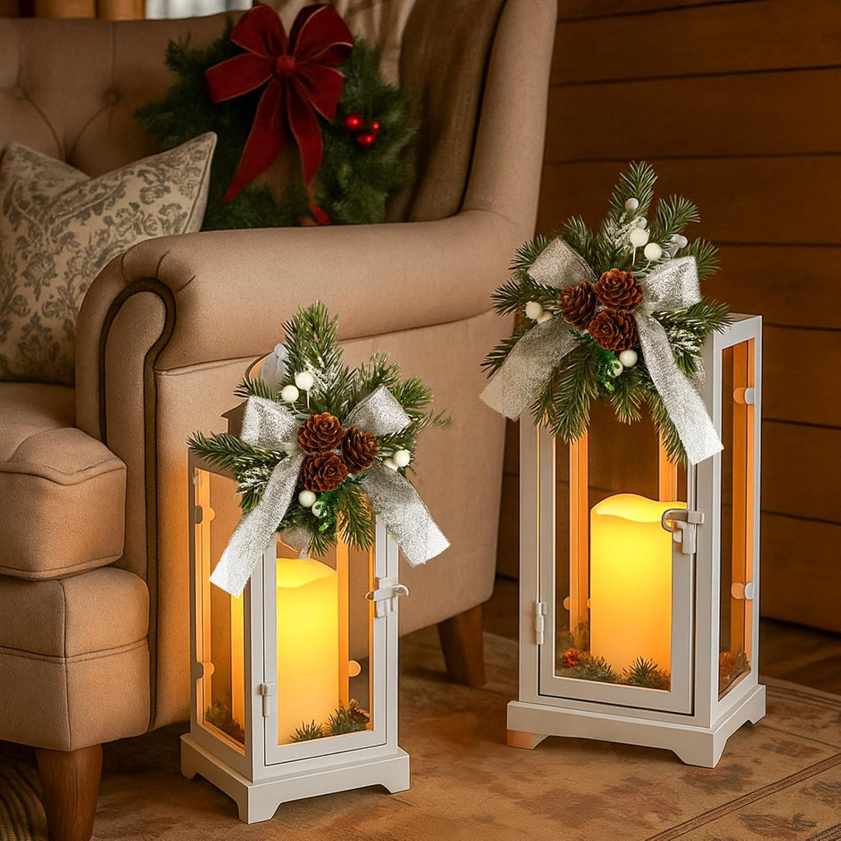 White 2 Pcs Christmas Metal Candle Lantern and LED Fake Candles 12'' and 15'' Decorative Lanterns with Xmas Ornament