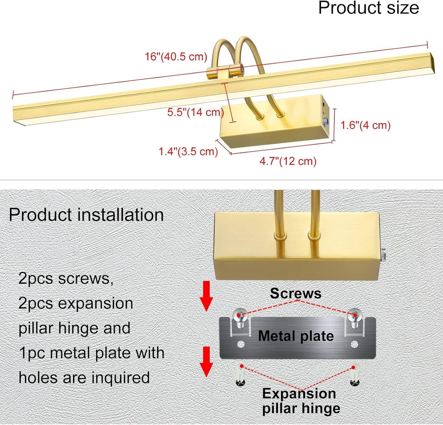 Wireless Picture Light Rechargeable, 16", Brass | 2 Colors, 280LM Dimmable, 5000mAh Battery Operated Wall Light with