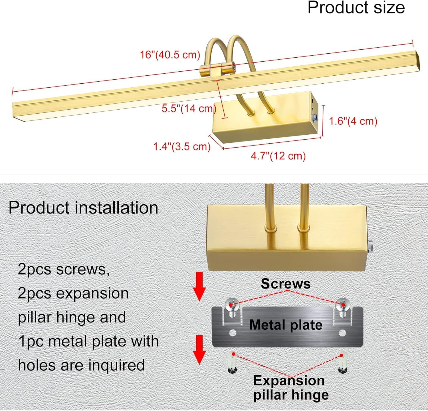 Wireless Picture Light Rechargeable, 16", Brass | 2 Colors, 280LM Dimmable, 5000mAh Battery Operated Wall Light with