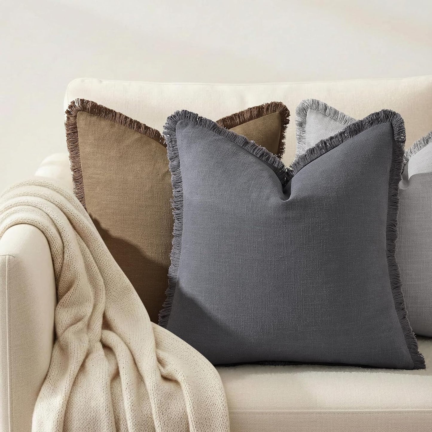Summer Decorative Neutral Linen Fringe Throw Pillow Covers Pillow / Dark Grey / 18 x 18 / Set of 2