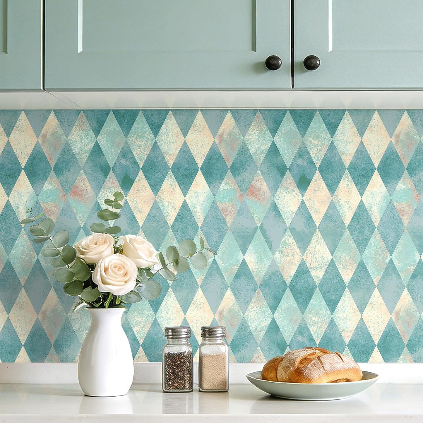 Diamond Checkered Wallpaper Peel and Stick Retro Geometric Boho / 17.5 x 80 / Diamond Checker / Blue