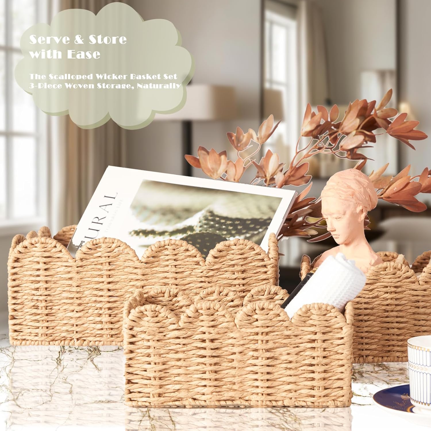 Scalloped Wicker Baskets / Tan / Set of 3