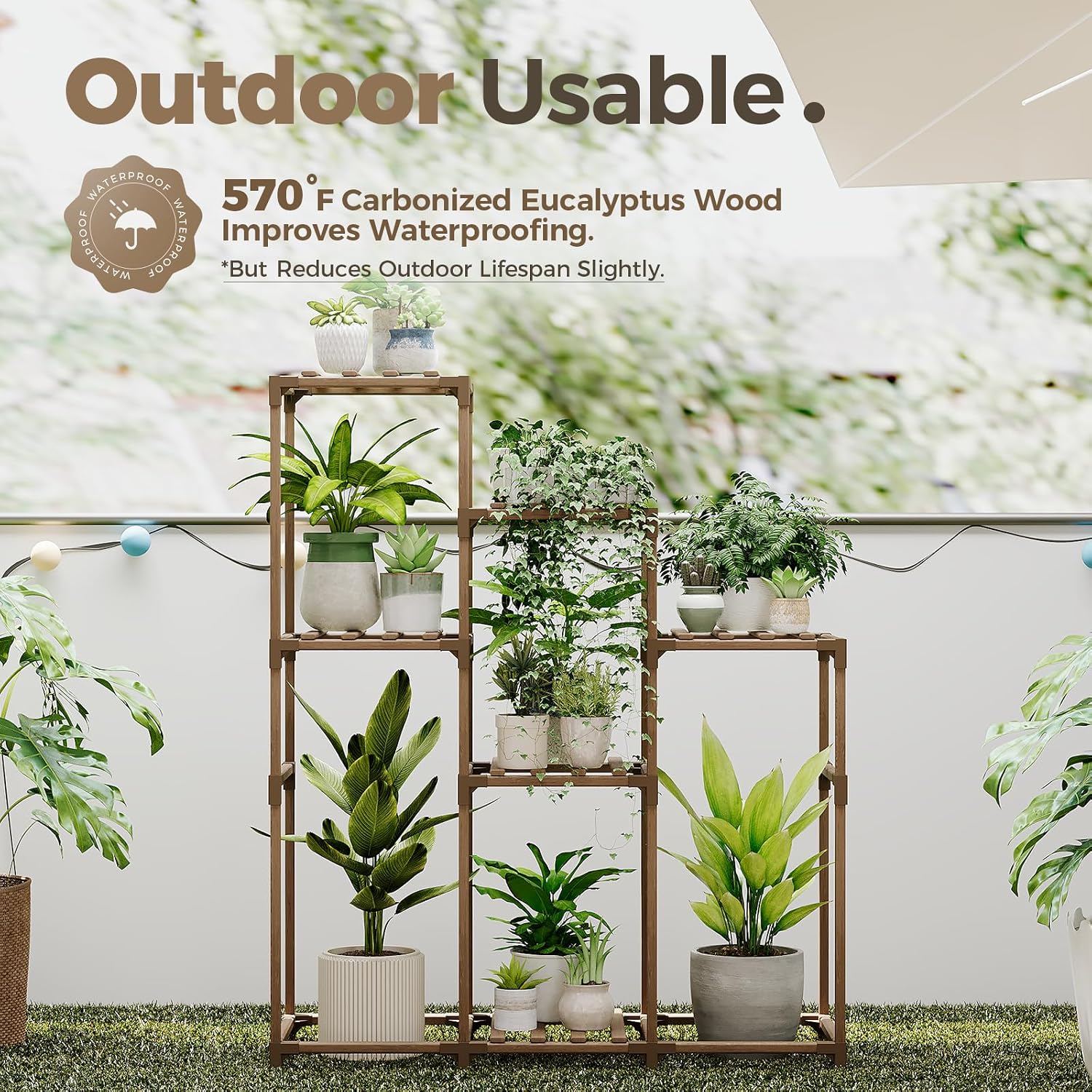 Bamworld Tall Plant Stand Indoor Wood Shelf Outdoor Tiered Rack | for Multiple Flowers 5-Tier 7-Pot Ladder Holder for