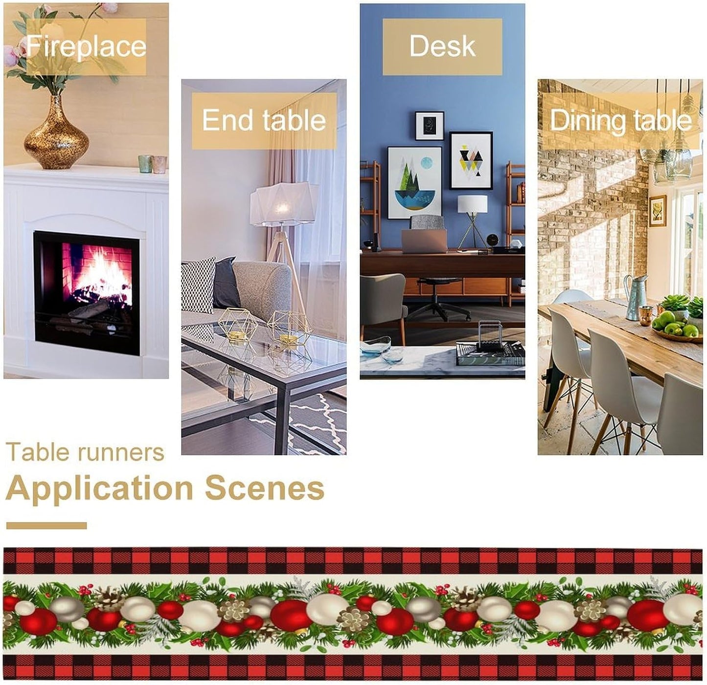 Christmas Linen Table Runner, Red and Black Buffalo Plaid Winter Xmas Holiday Farmhouse Style Patterns Printed Linen