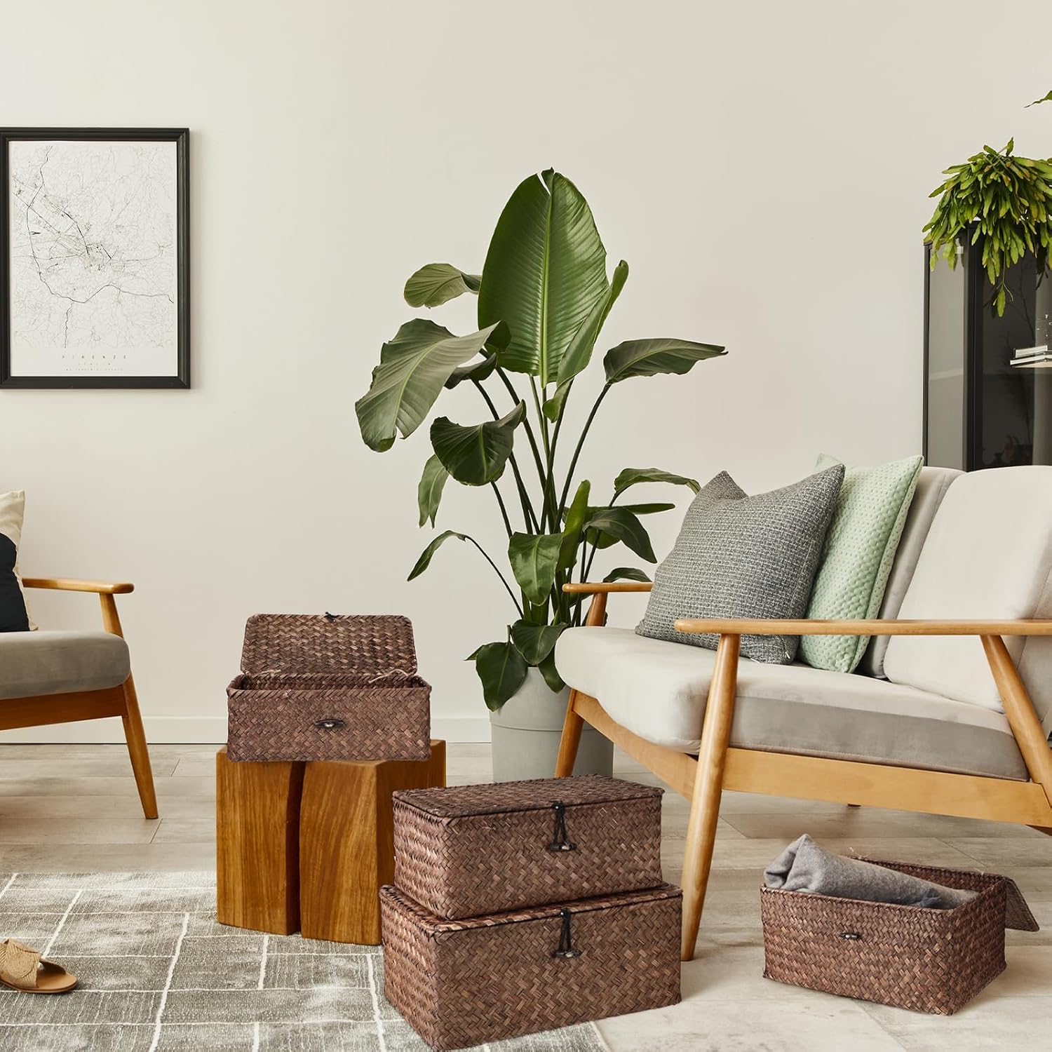 Wicker Baskets / Woven Rectangular Basket Bins / Coffee / Set of 4