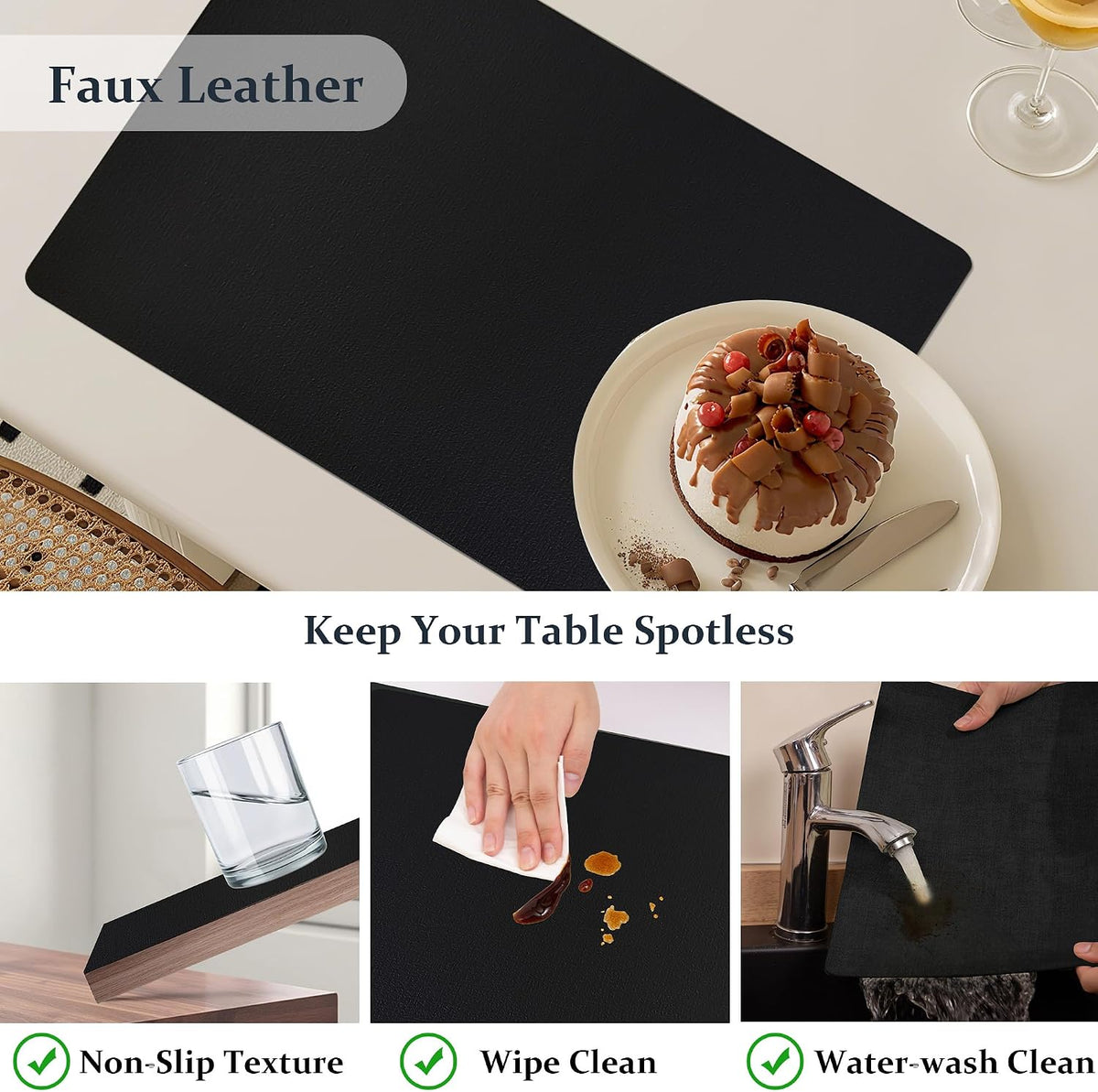 FROMHEART Faux Leather PU Placemats Set of 8 (Black,11.8" x 17") | Waterproof,Heat/Oil Stain-Resistant Table