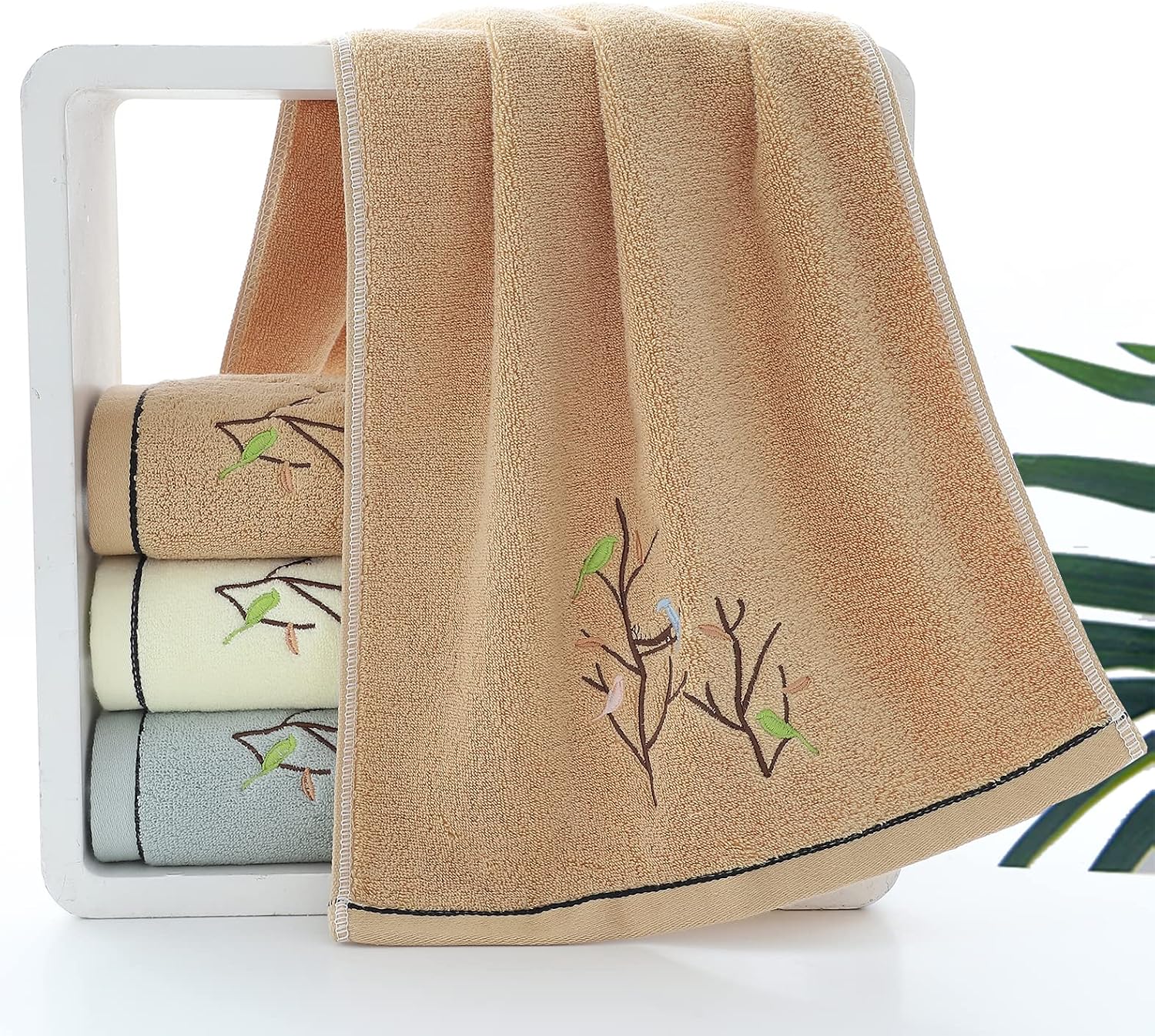 Hand Towels Set of 4 Embroidered Bird Tree Pattern 100% Cotton Absorbent Soft Decorative Towel for Bathroom (Brown)