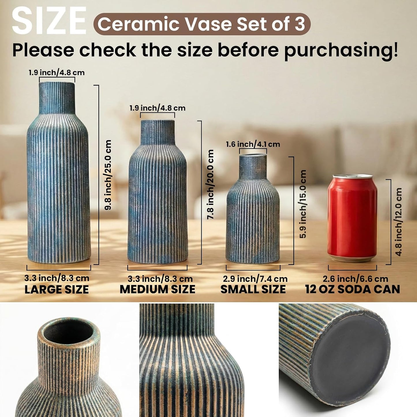 Ceramic Flower Vases / 3-piece-set / Vintage Blue / Set of 3
