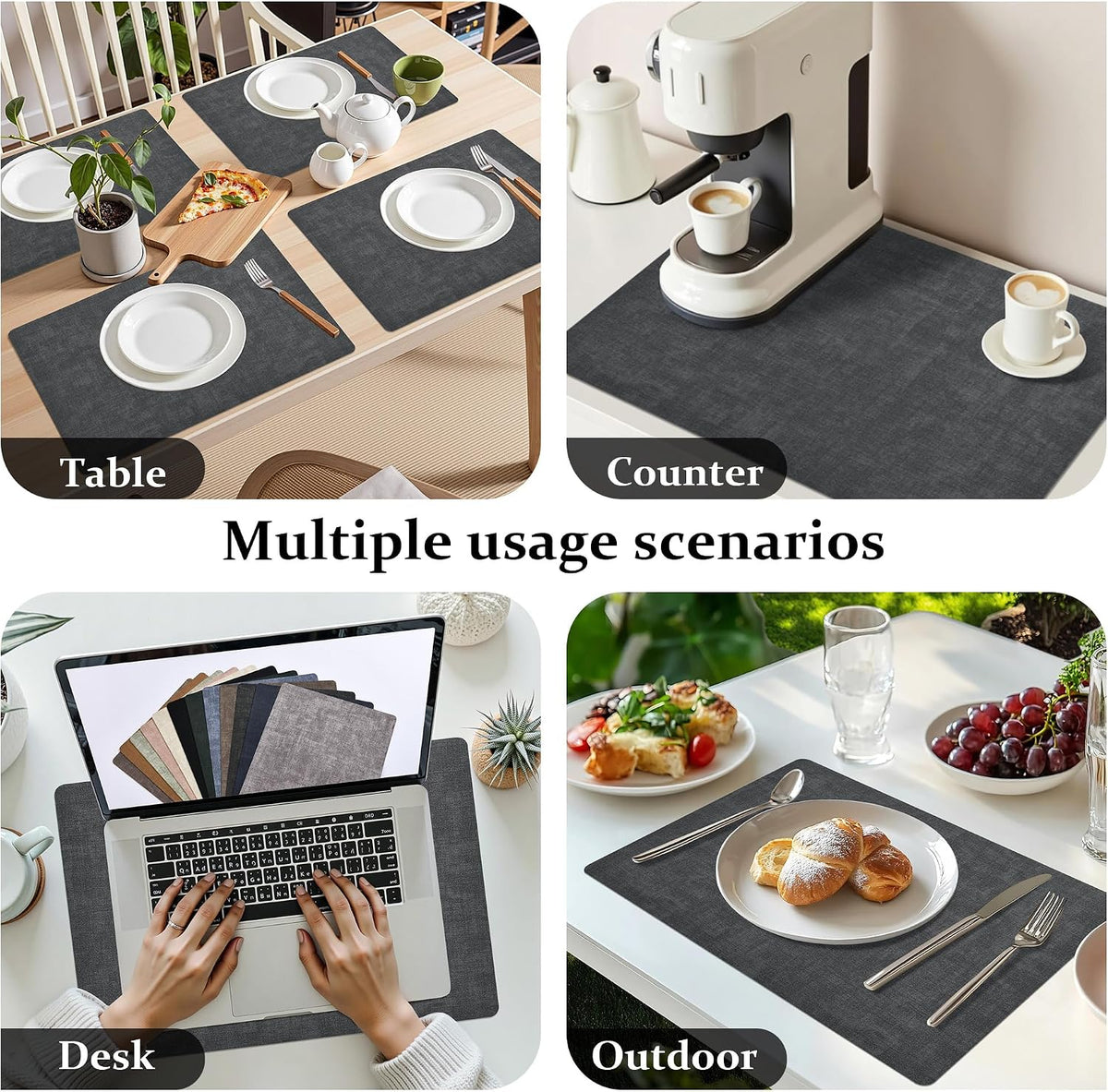 FROMHEART Faux Leather PU Placemats Set of 12 (Dark Grey,11.8" x 17") | Waterproof,Heat/Oil Stain-Resistant Table