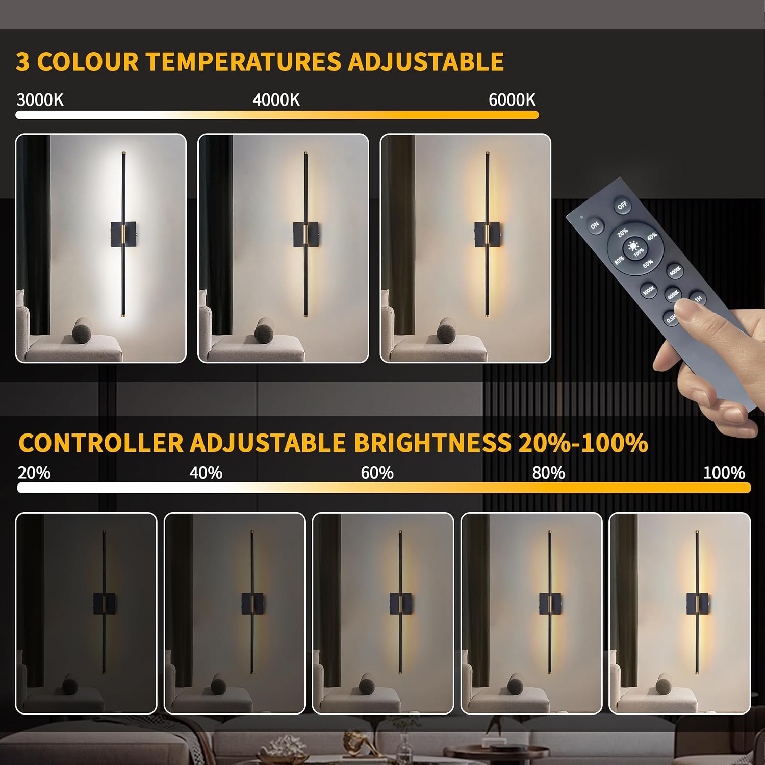 15800 mAh Battery Operated Wall Sconces with Remote Control Dimmable Wall Sconces Set of Two 3000K LED Black and Brass
