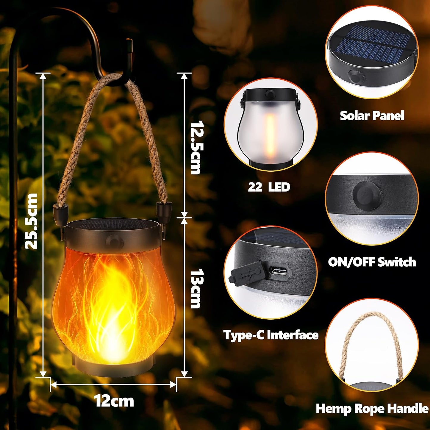 iBaycon 2 Pack Gen2 Solar Lantern Lights USB Ultra-Real Flame, Warm White | Solar Garden Lights with Solar & USB-C Dual