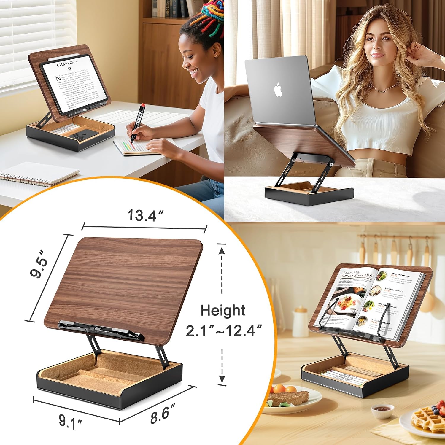 Book Stand with Storage, Book Holder for Reading Hands Free | Wooden Cookbook Stand for Kitchen Counter, Adjustable