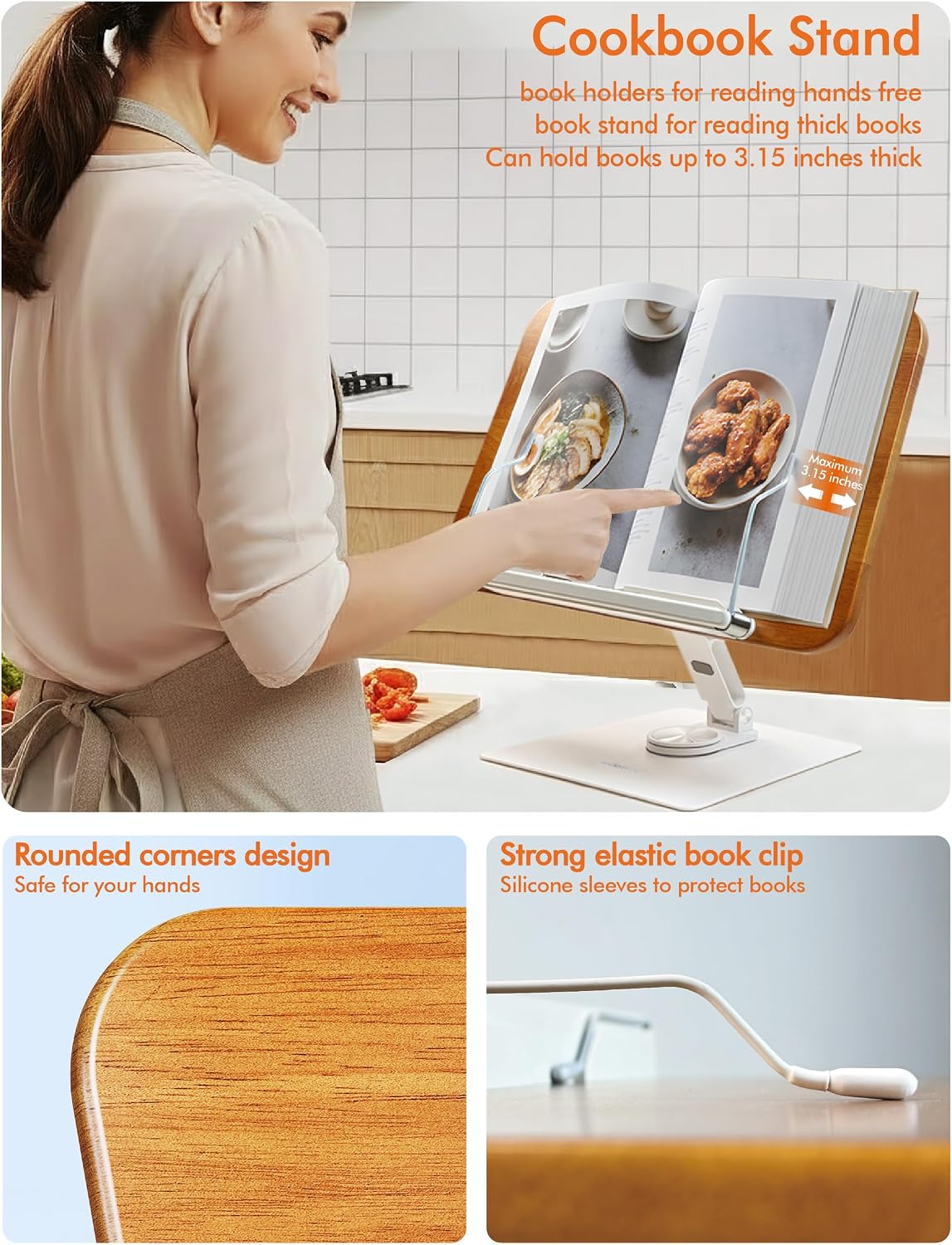 Book Stand for Reading, Adjustable Book Holder for Reading Hands Free, 360° Rotating Reading Stand, Large Rubberwood