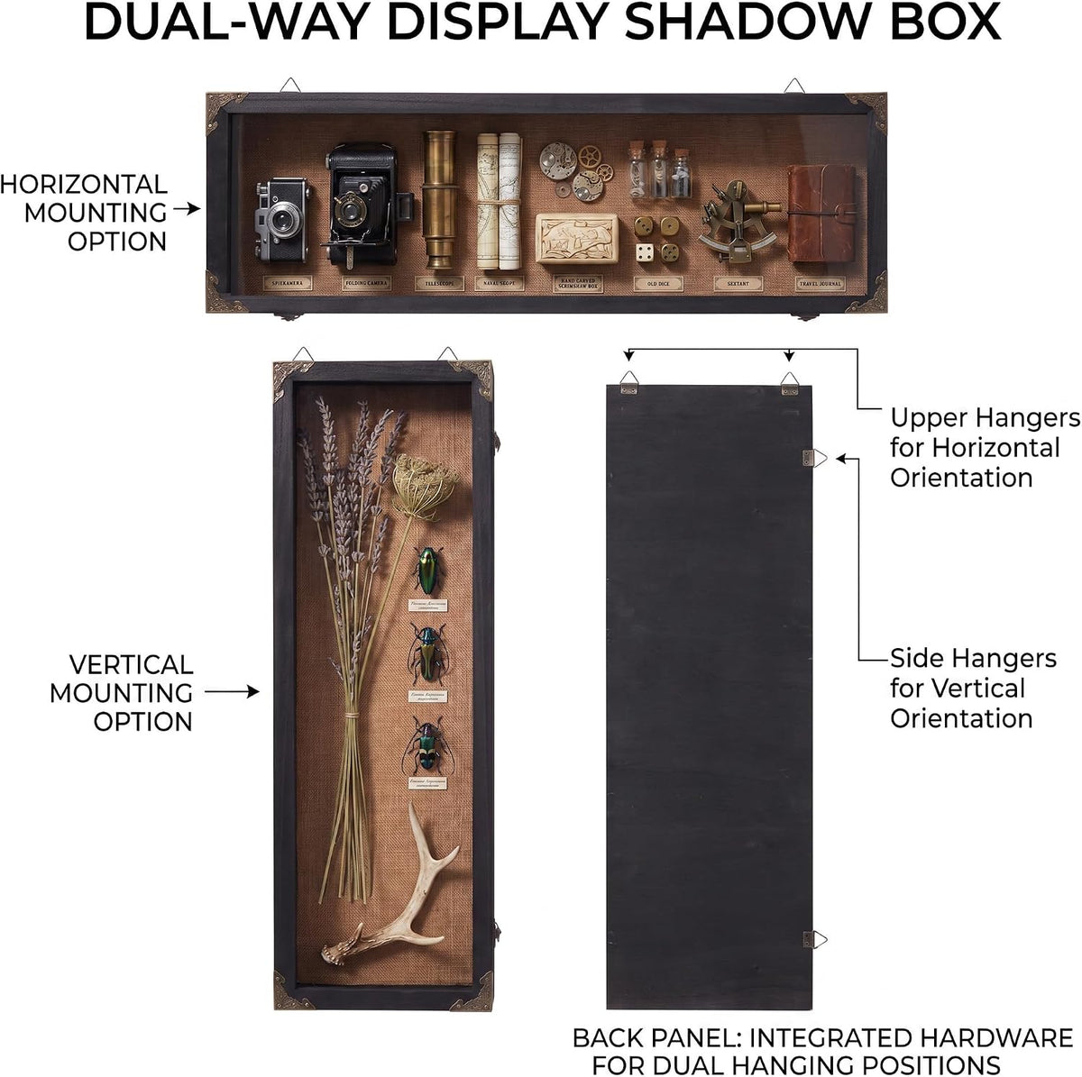 Long Deep Shadow Box Frame 8x25 with Real Glass Door, 4" Overall Depth Solid Wood Display Case, Horizontal or Vertical