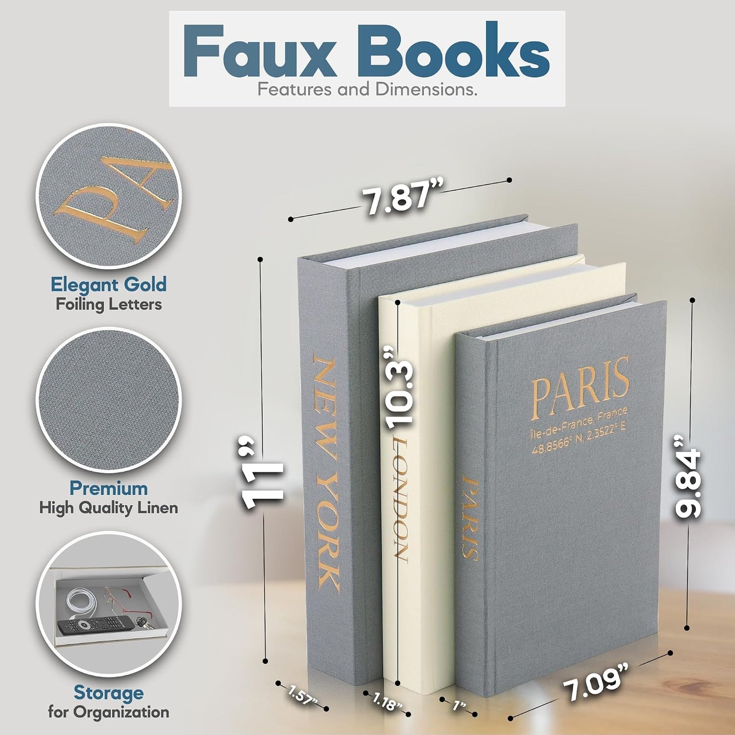 Faux Book Storage Box Set / Gray-cream-gray / Modern / Set of 3
