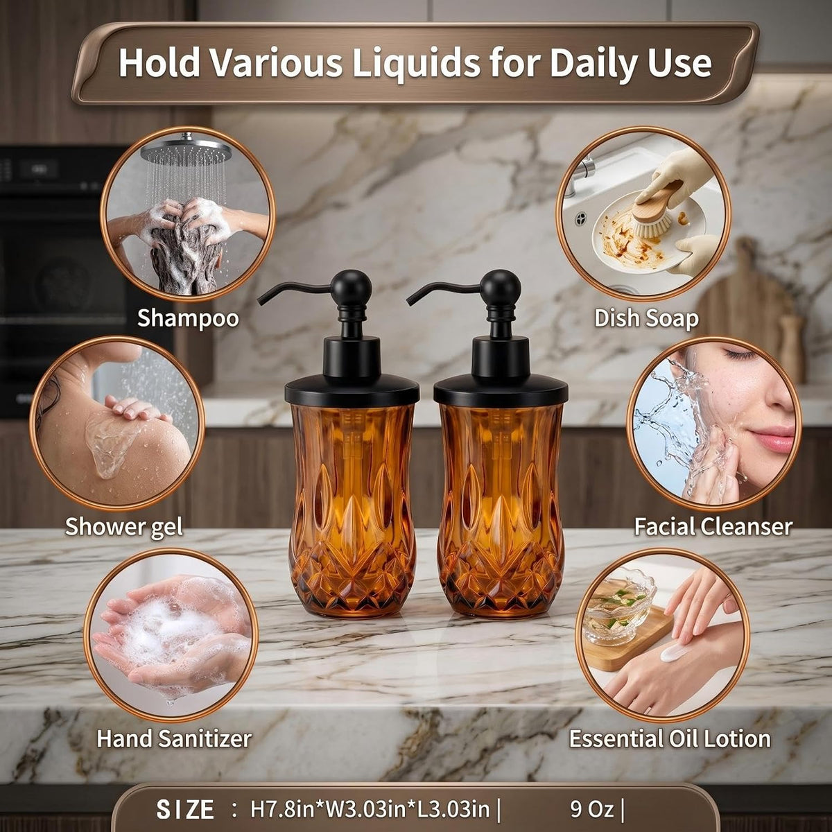 2 Pack 9Oz Amber Soap Dispenser, Round Thick Glass | Featured texture pattern, for lotion,hand soap or body wash for