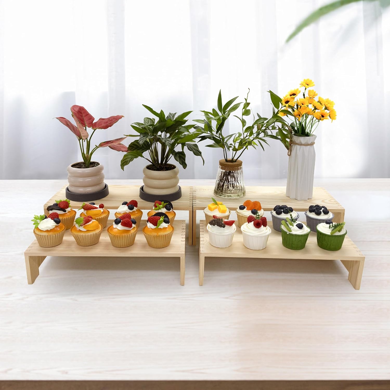 Yikaroeli 4Pcs Large Display Riser Wood Risers Cupcake Display Stand 2 Tier Racks Rectangular, 2 Set Perfume Decorative