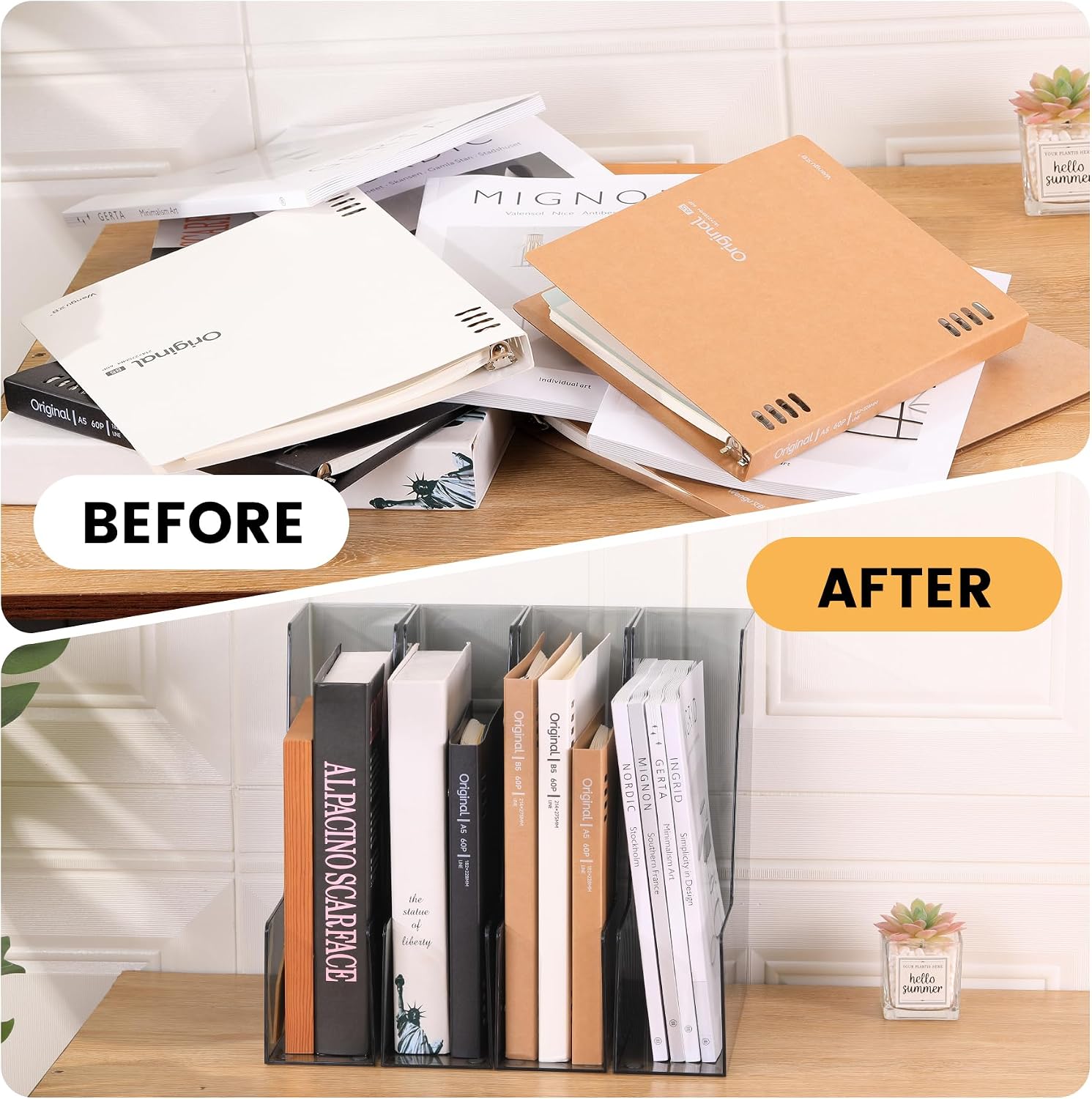 CiWiVOKi Vertical File Holder, PET Desk Organizer and Storage Bins Holding for Magazines, Binders, Notebooks