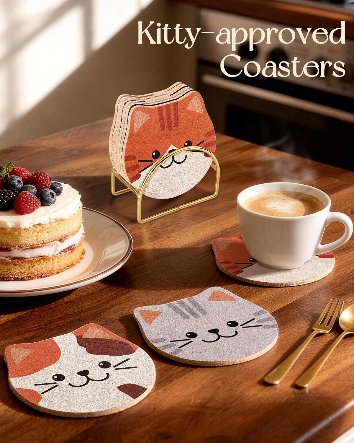 Cat Drink Coasters for Cat Lovers Gifts Desk Coffee Table -Funny Cup Holder / Cork / Set of 6