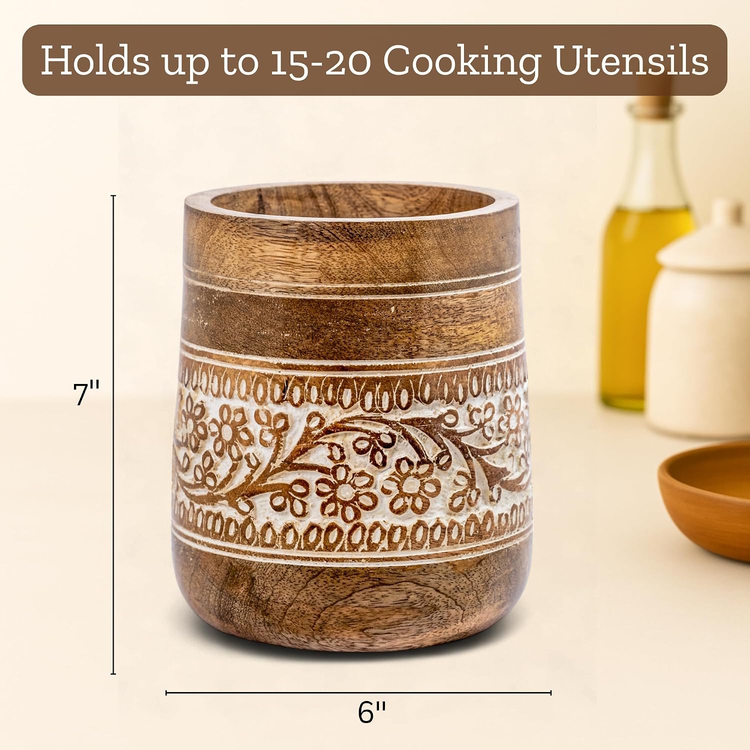 Mie Creations Farmhouse 7'' Large Wooden Utensil Holder, White Floral | Natural Mango Wood, Handcrafted Design, Cooking