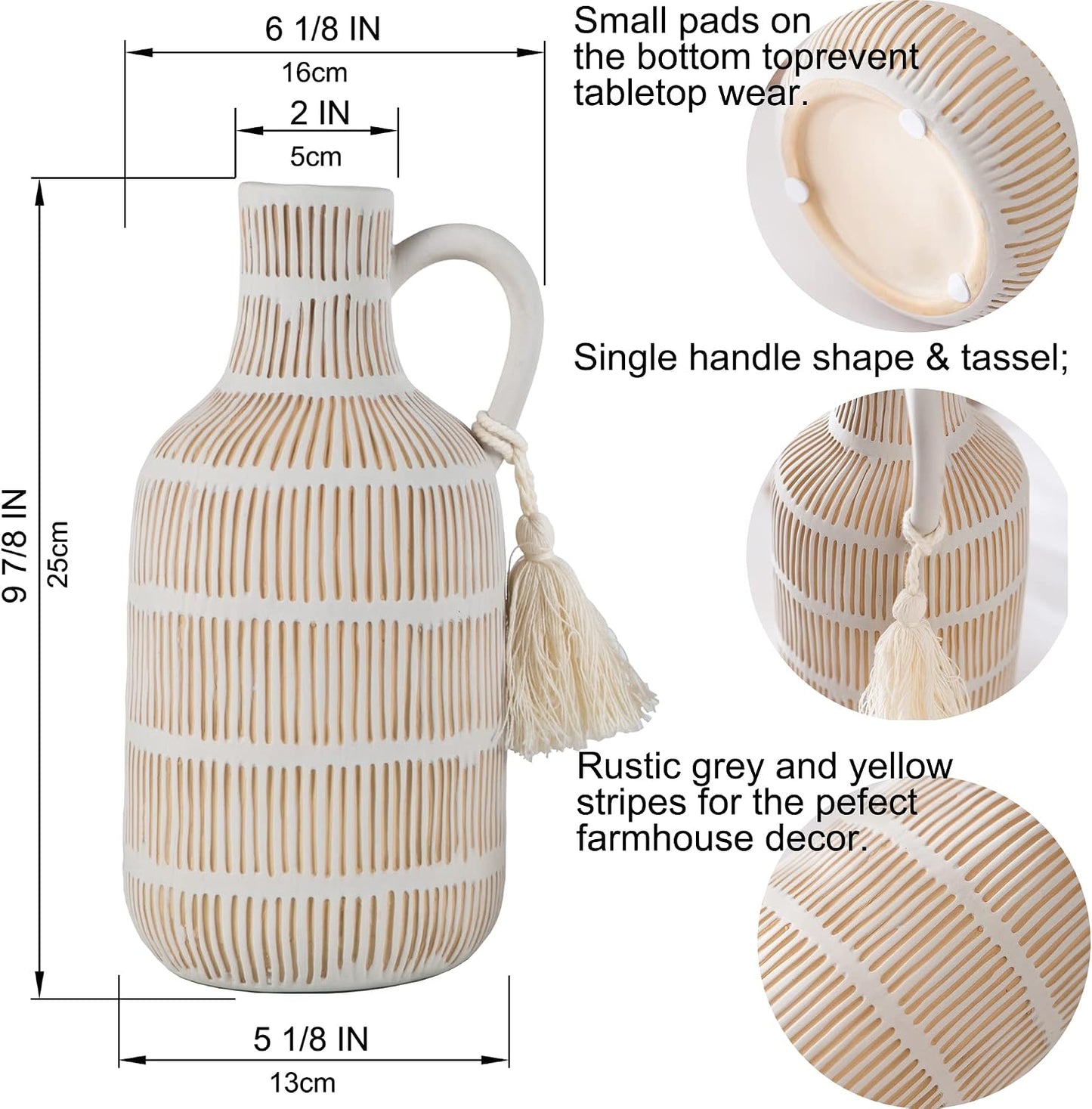 Farmhouse Vase / Grey Yellow Vertical Stripes Design Clay Vase 10'' Tall / Gray - Long