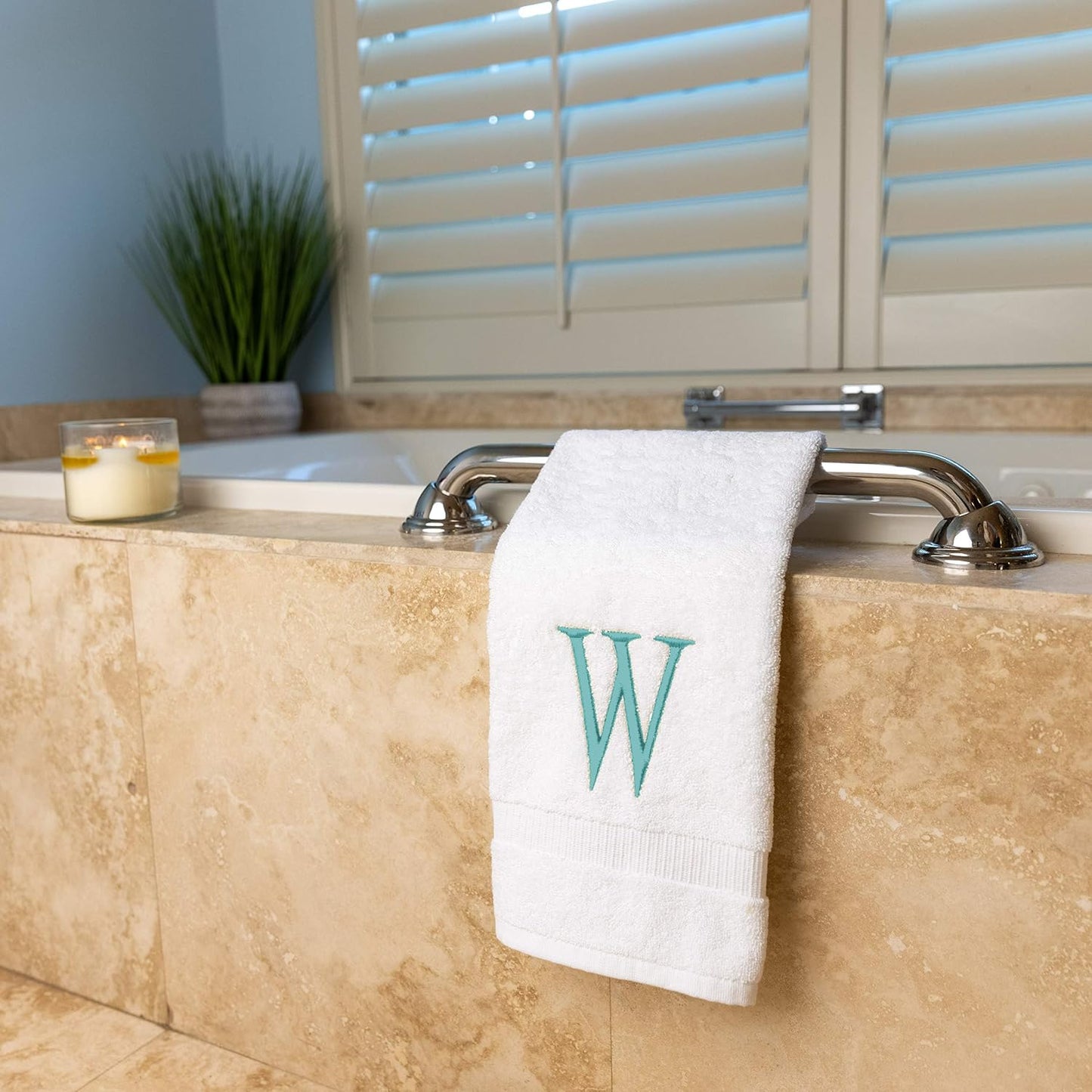 White with Teal Monogrammed Hand Towels for Bathroom - Set of 2 Letter W | Luxury Hotel Quality Initial Towels For