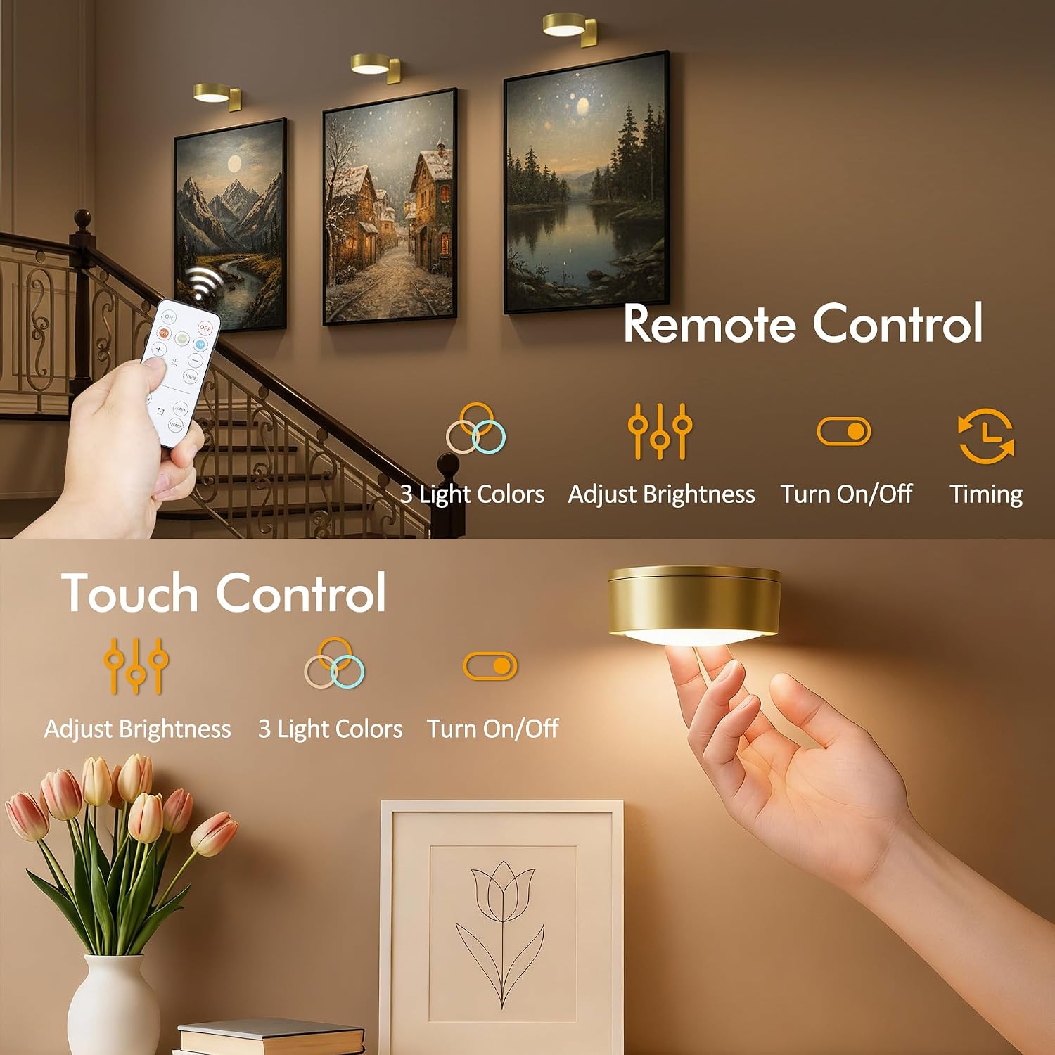 Picture Lights for Wall, Rechargeable Battery Wireless Poster Lights, Gold | LED Magnetic Painting Light with Remote