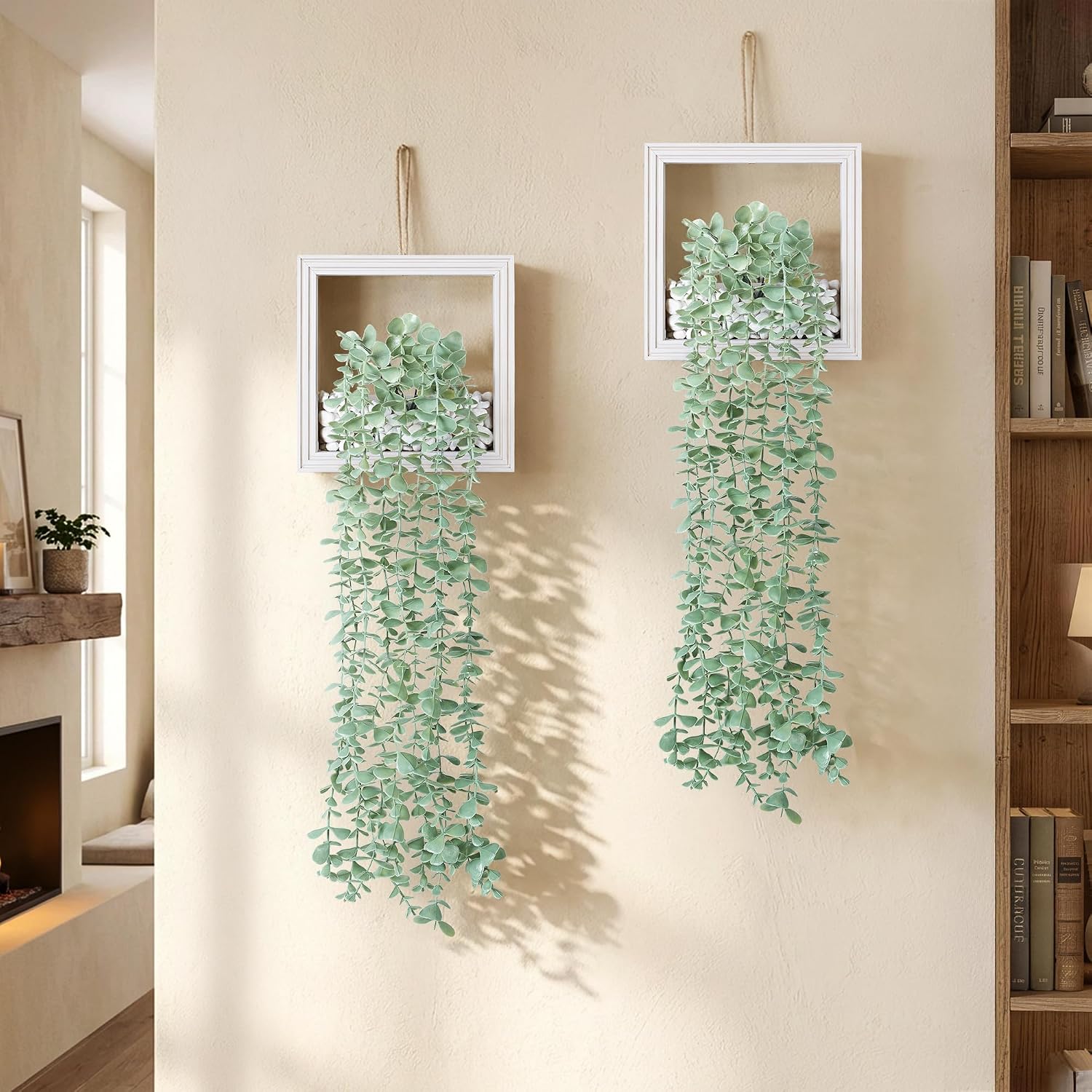 Artificial Eucalyptus Vines in Square Wooden Frame / 7.8" White / Set of 2