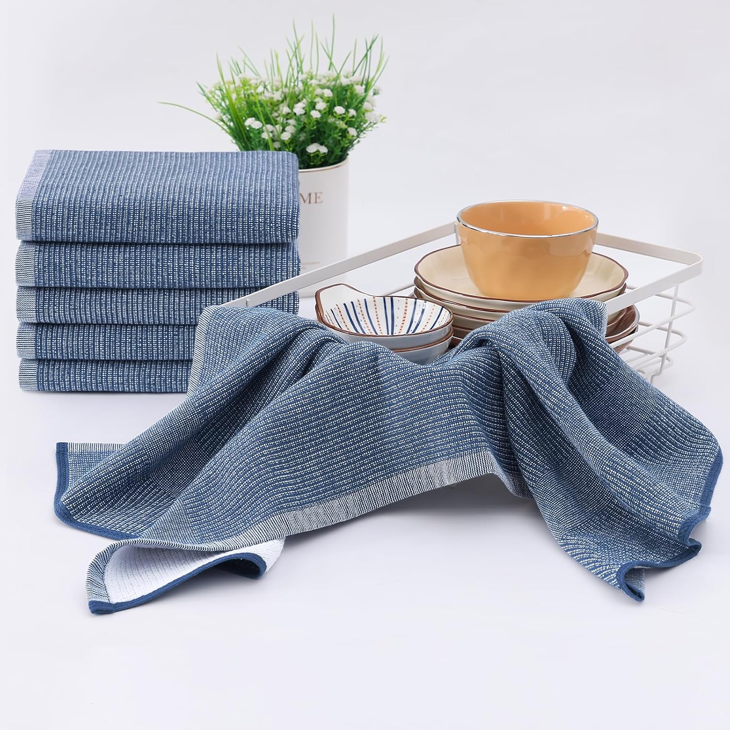 Homaxy 380 GSM Cotton Premium Kitchen Towels 8 Pack, 18"x 28", Navy Blue | Flat and Terry Dish Towels, Highly Absorbent