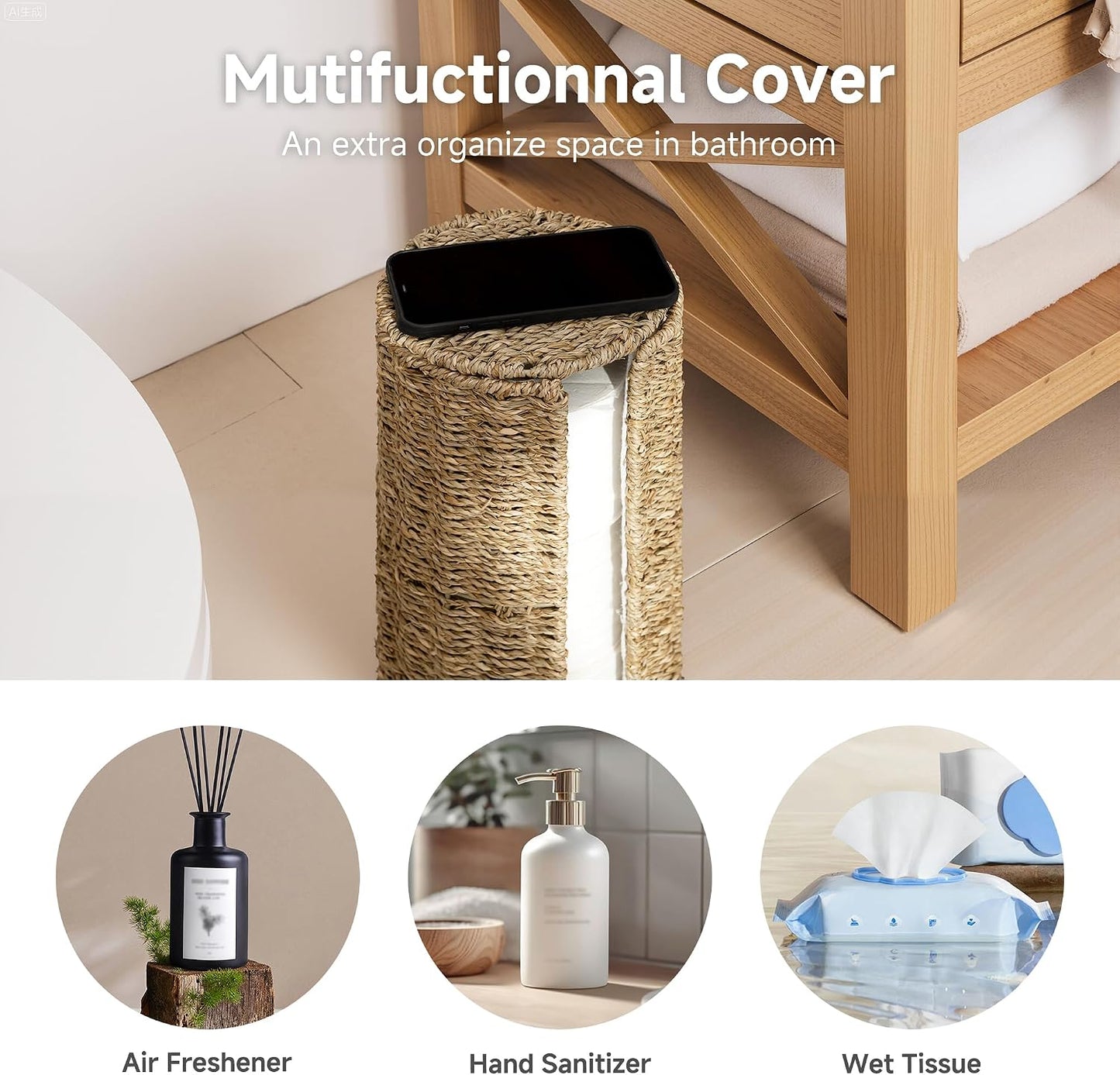 StorageWorks Seagrass Free Standing Toilet Paper Holder Stand for Bathroom, 3 Rolls of Toilet Tissue Storage with a