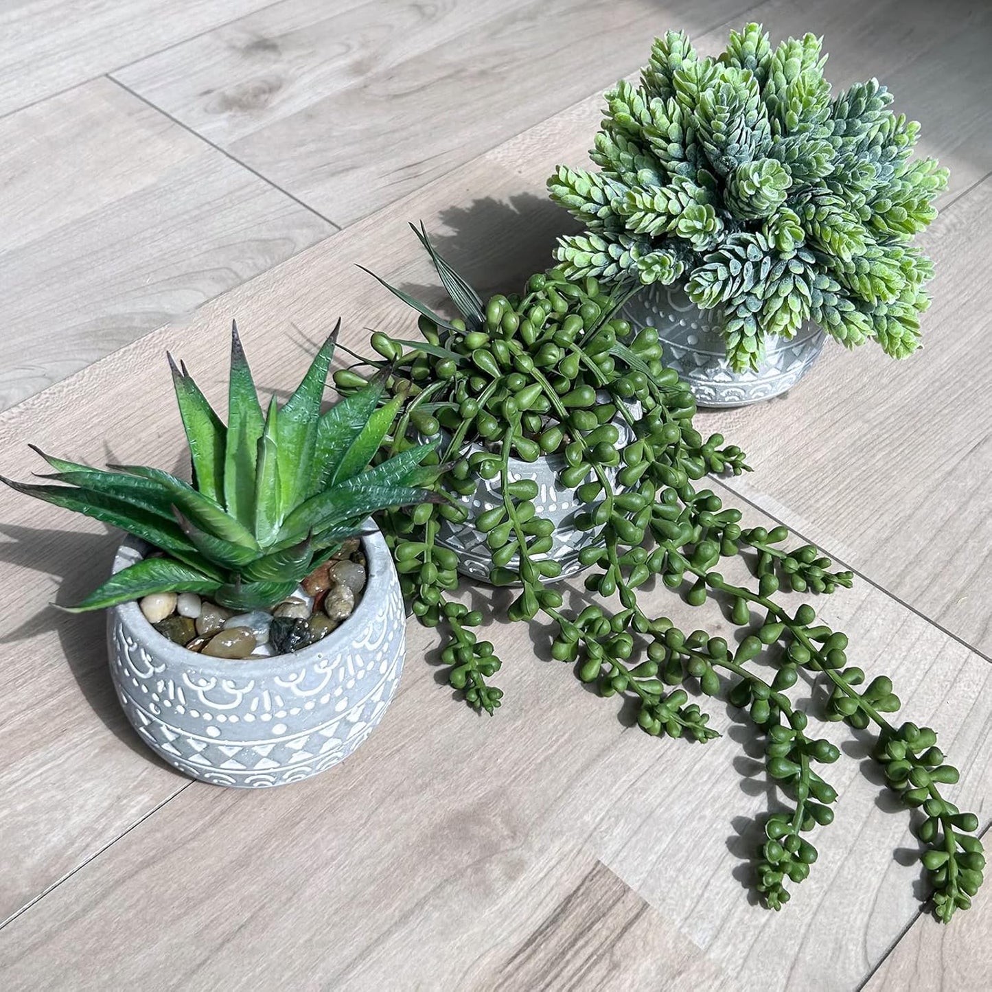 Assorted Small Potted Succulent Plants Artificial Aloe Hops String of Pearls / Gray / Set of 3