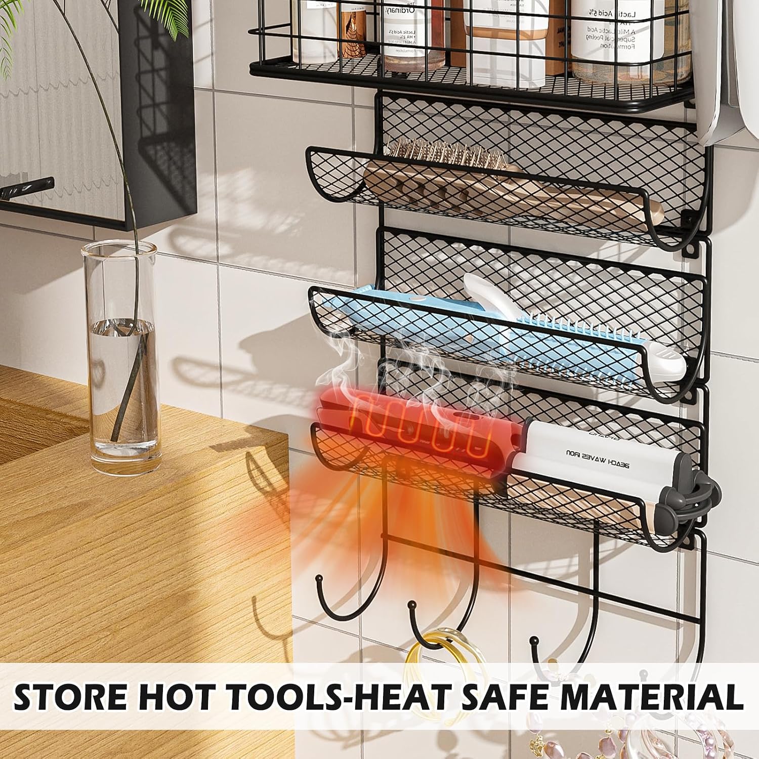 Wall-Mounted Hair Dryer Holder Styling Tool Organizer 4-Shelf Storage Wire Basket with Hook Heat Safe Rack for
