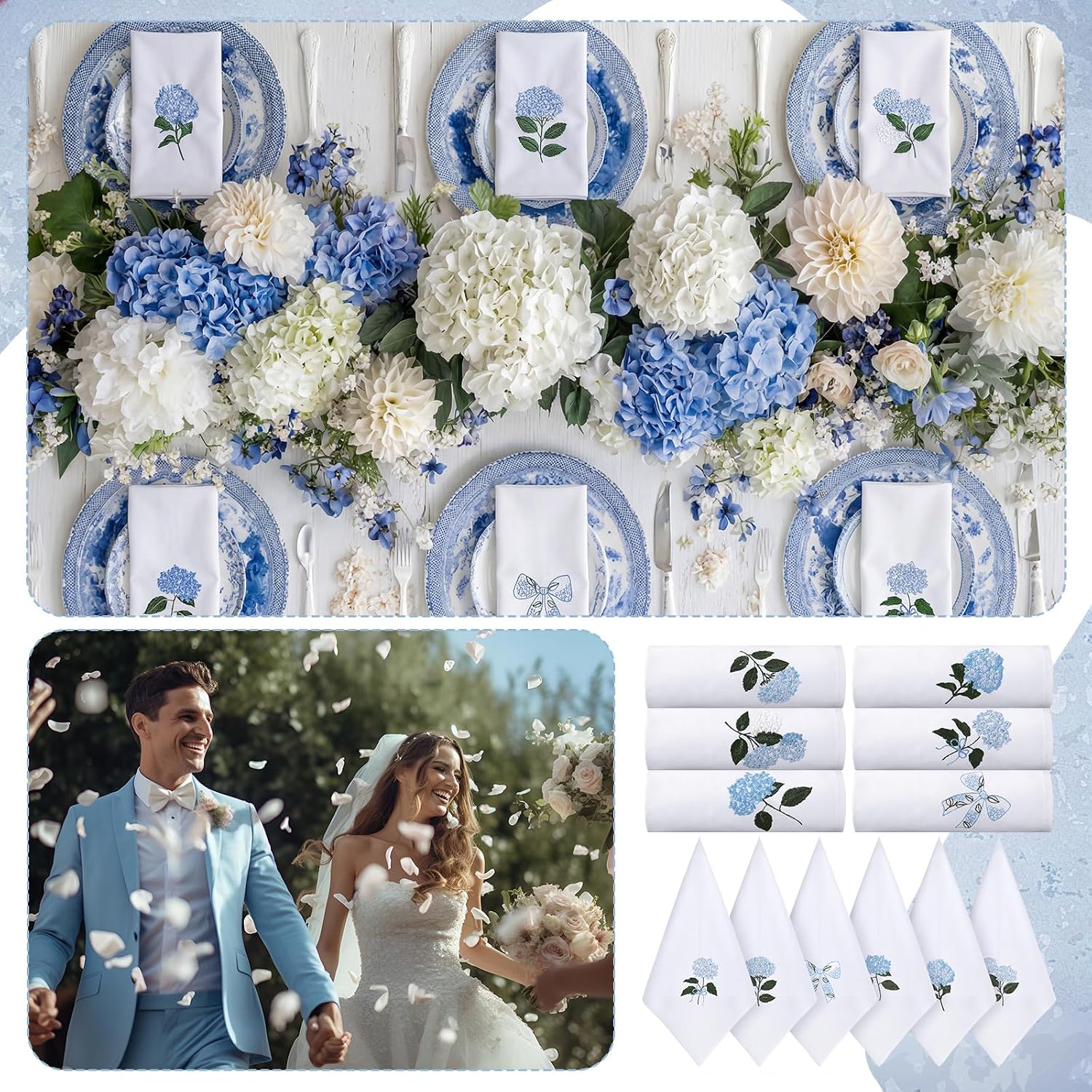 HunnmingRe 12 Pcs Blue Hydrangea Cloth Napkins Bulk 100% Cotton, 17x17inch | Summer Floral Dinner Tea Party, Cocktail