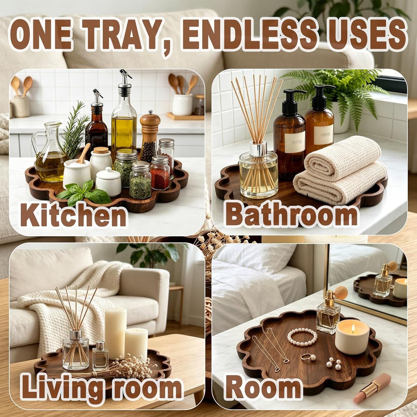 Decorative Serving Tray Wood Scalloped Serving Tray Round Wooden Display Plate / 12.6 Inch