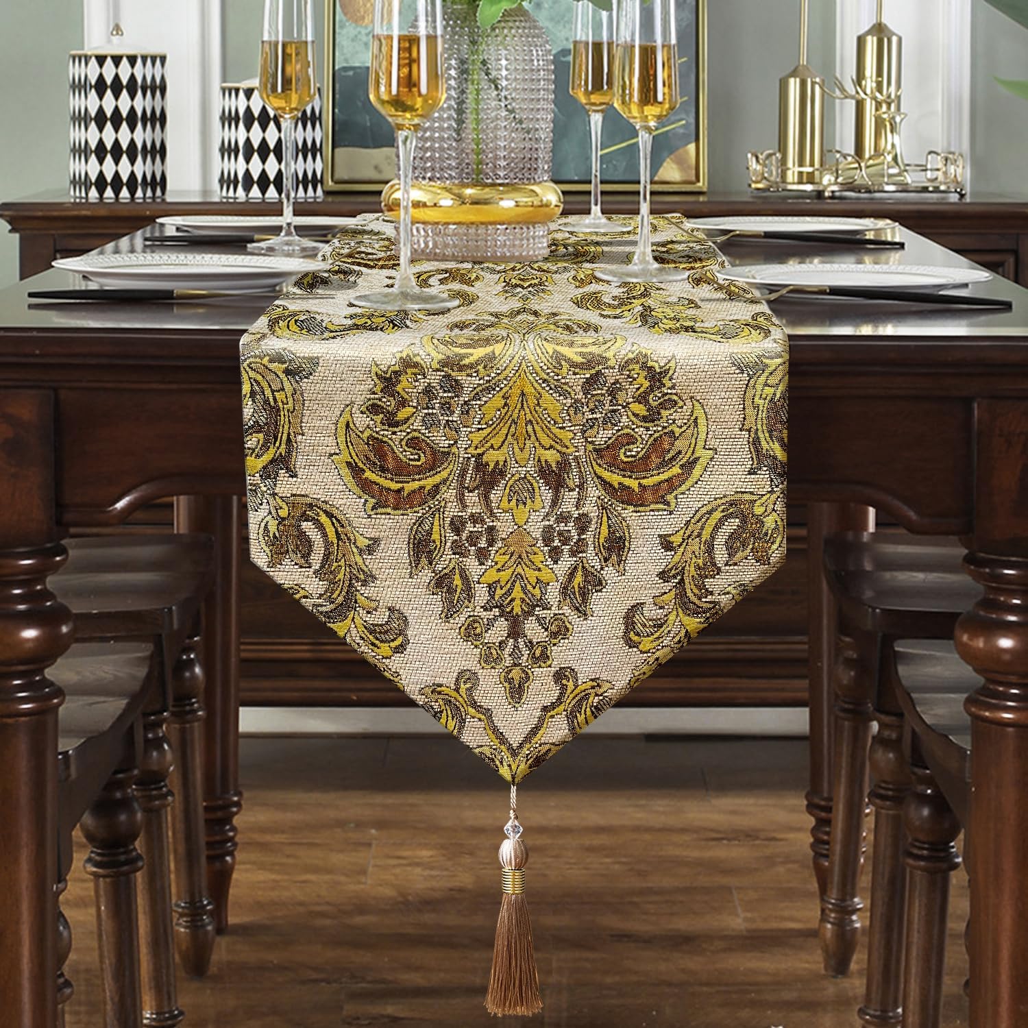 Dazzling Jacquard Table Runner with Elegant Tassels - Beige (13x84 inch) | with Bling Gold Embroidered,Decoration for