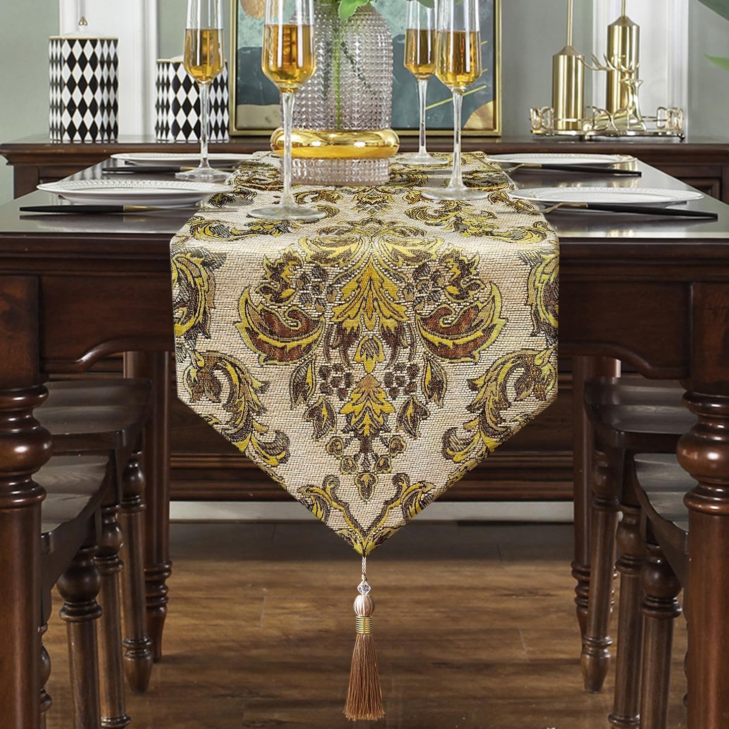 108 Inches Exquisite Gold Floral Jacquard Table Runner Thick Beige Chenille | for Christmas Dining