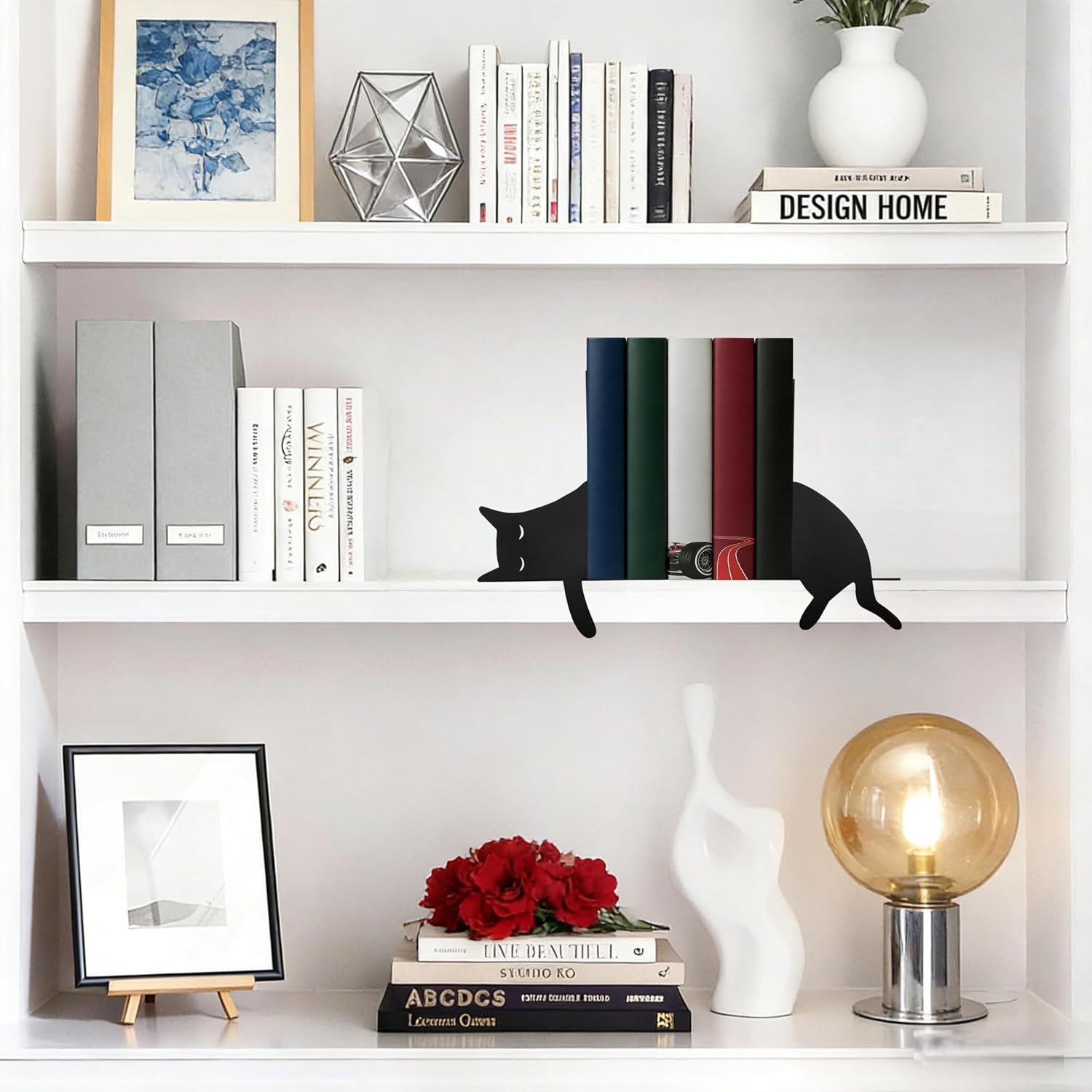 Metal Sleepy Cat Bookends / Black / Set of 2