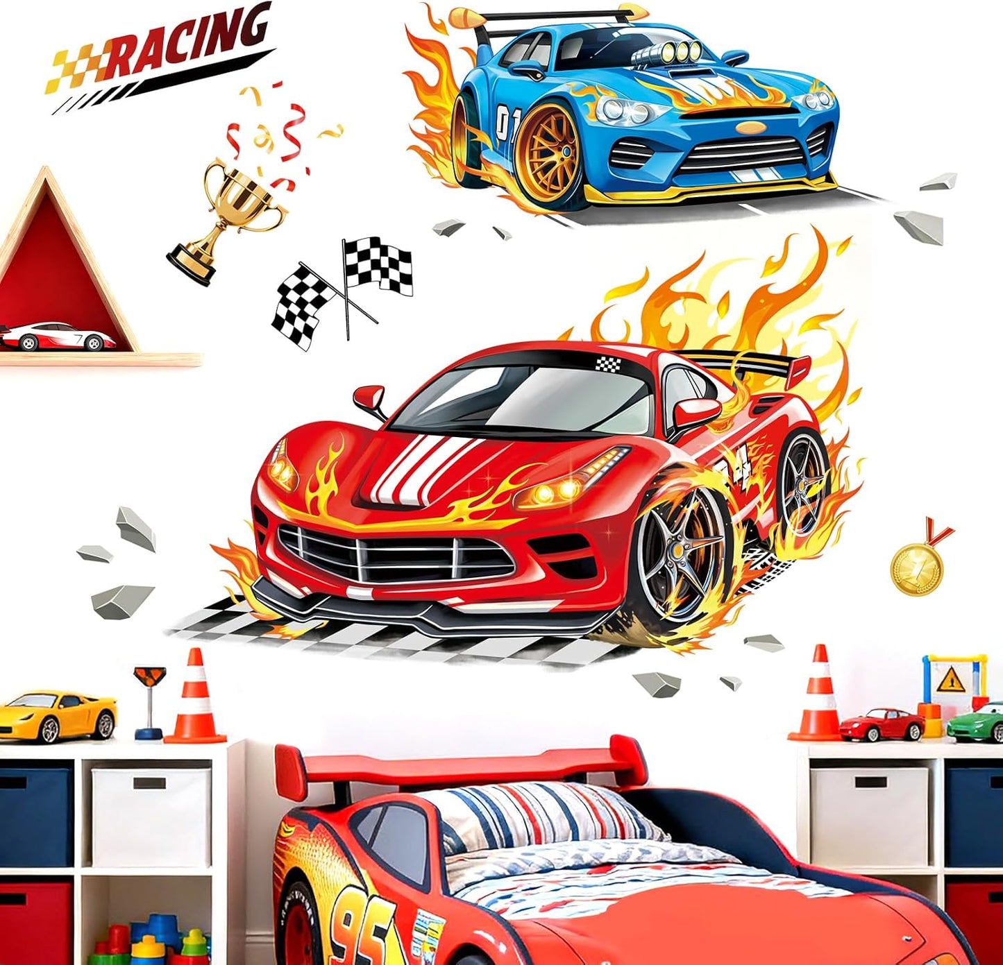 3D Racing Car Wall Decals Blue Sports Car Trophies Flags Wall Stickers Boys Room Kids Bedroom / Red