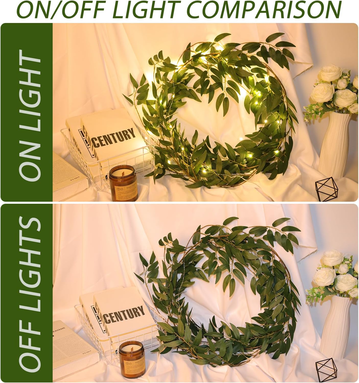 Light 2Pc Fake Silk Green Leaves Ivy Garland Faux / Green with Lights / 5.7 Inch